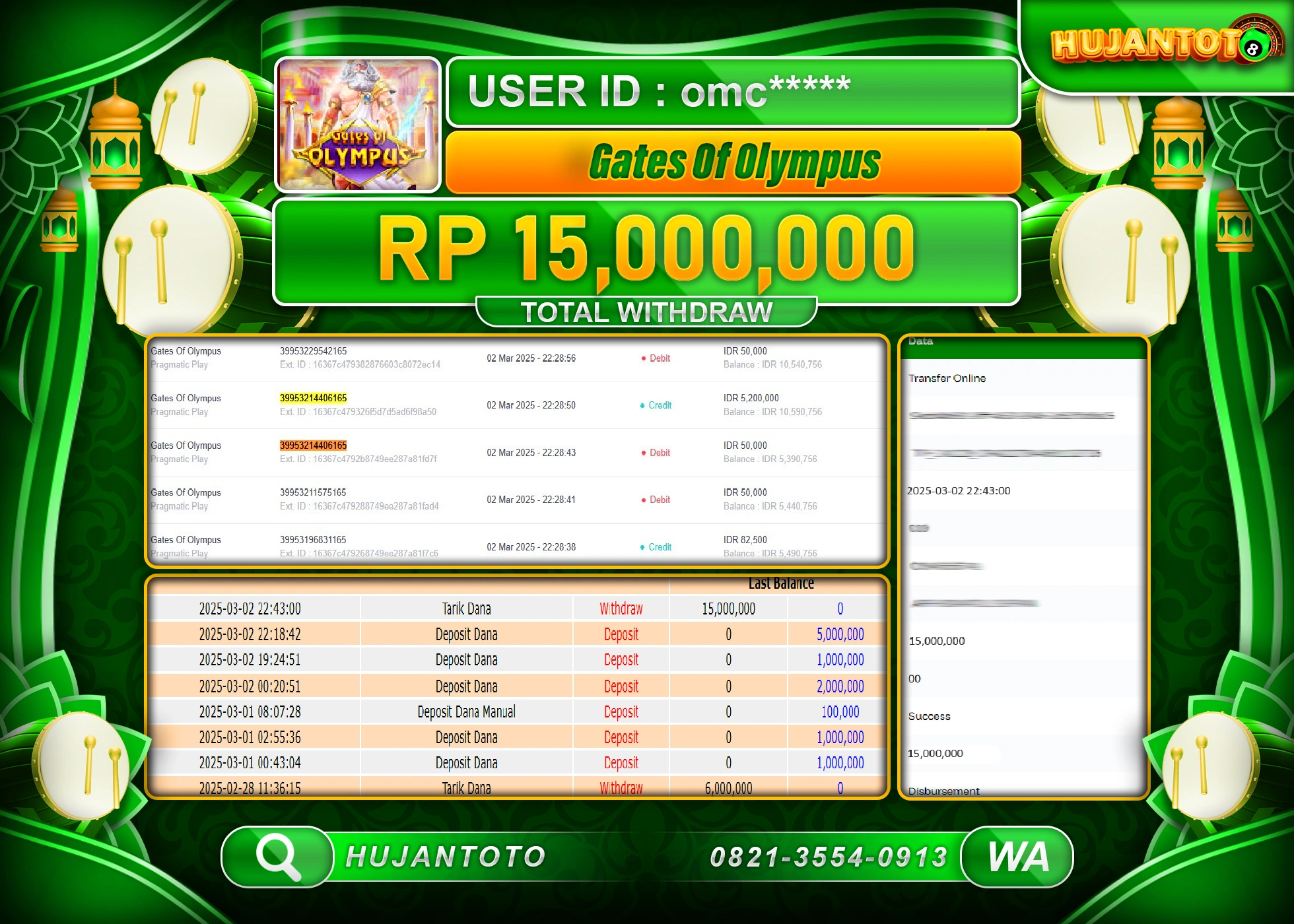 HUJANTOTO - BUKTI JACKPOT MENANG SLOT, GATES OF OLYMPUS SEBESAR, Rp,  15,000,000  -  TERBAYAR LUNAS