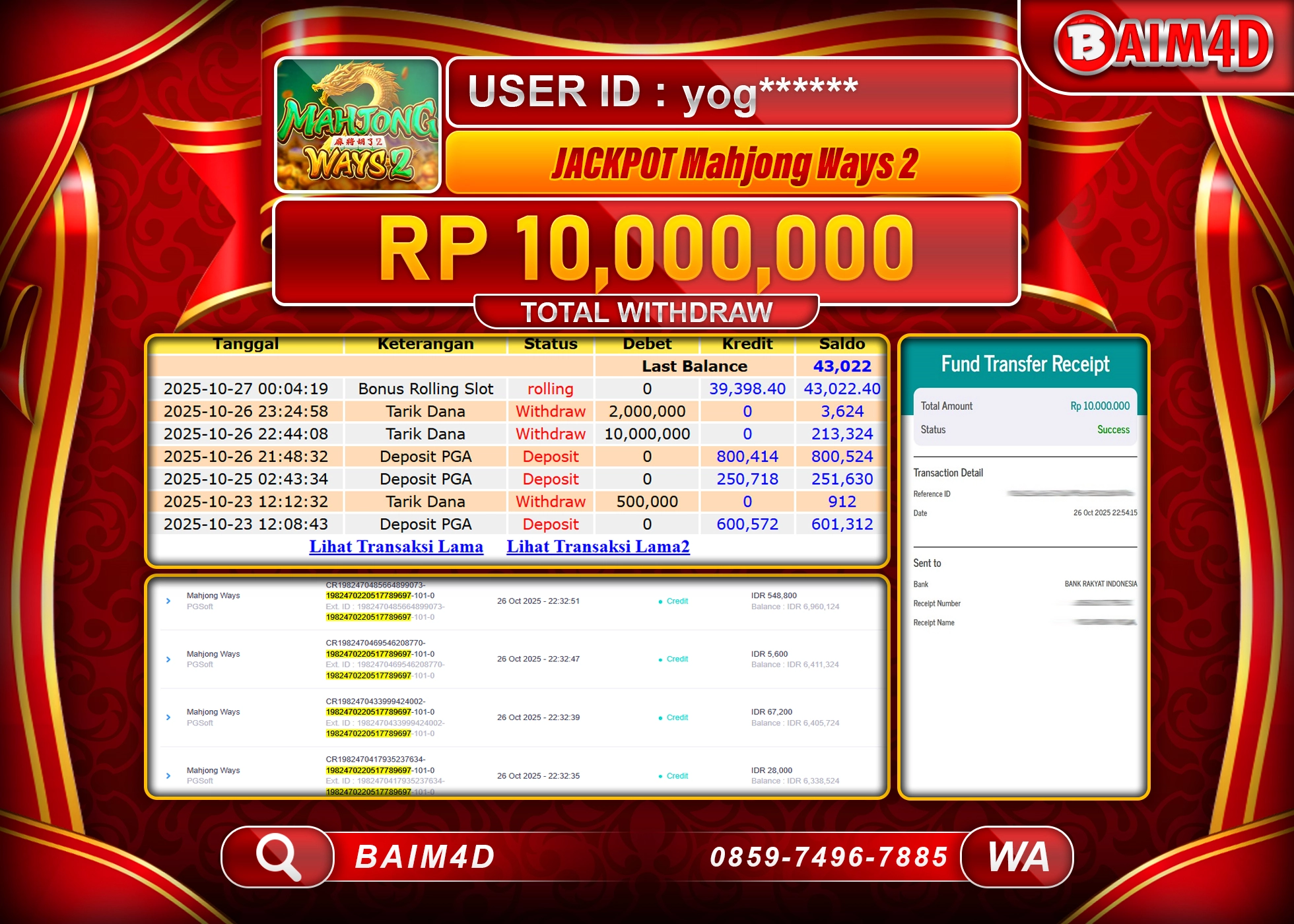 BAIM4D JACKPOT SLOT MAHJONG WAYS 2 Rp.10,000,000 - LUNAS