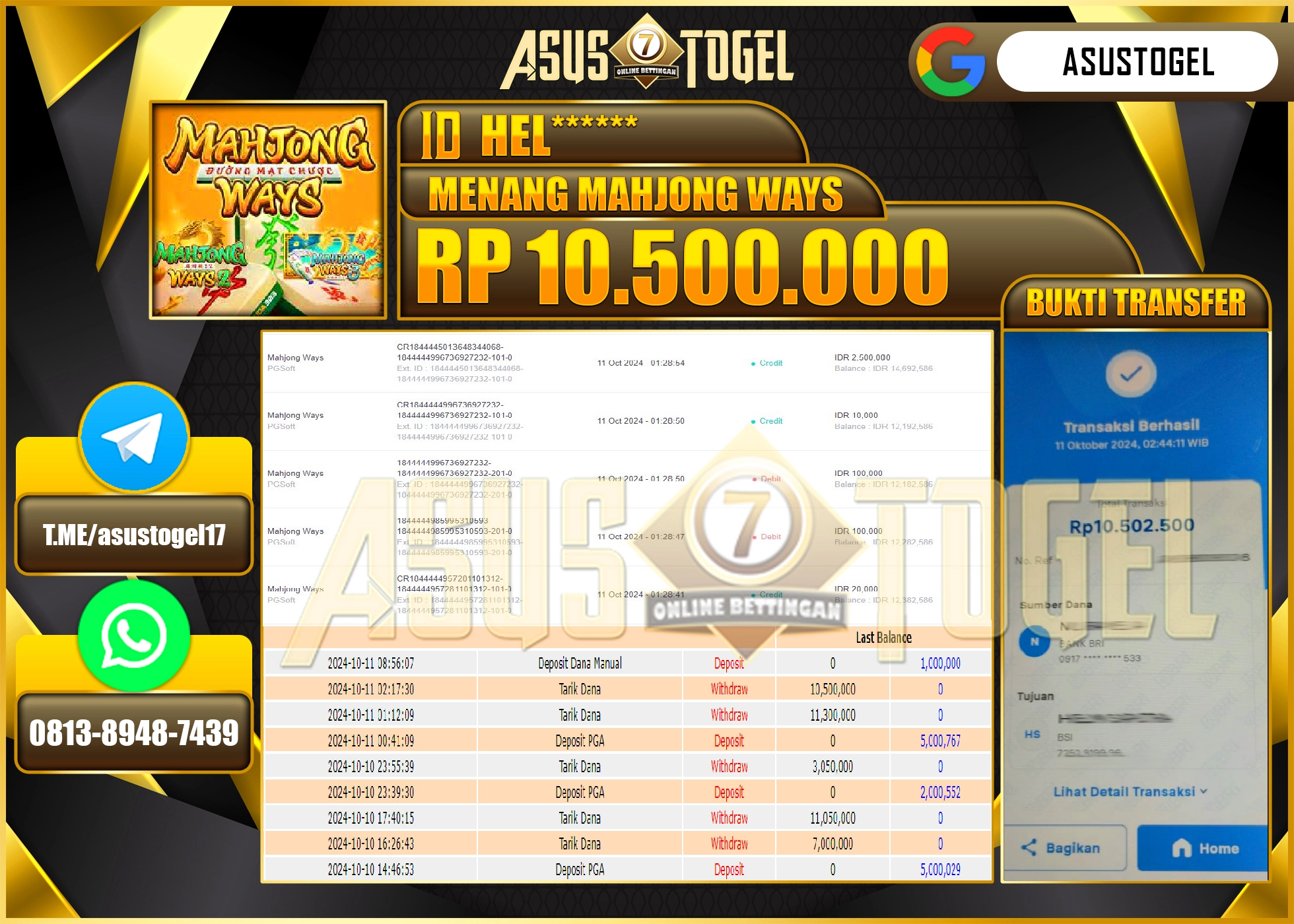 ASUSTOGEL KEMENANGAN  DI GAMES   MENANG    MAHJONG WAYS    SEBESAR 10,500,000- RUPIAH LUNAS
