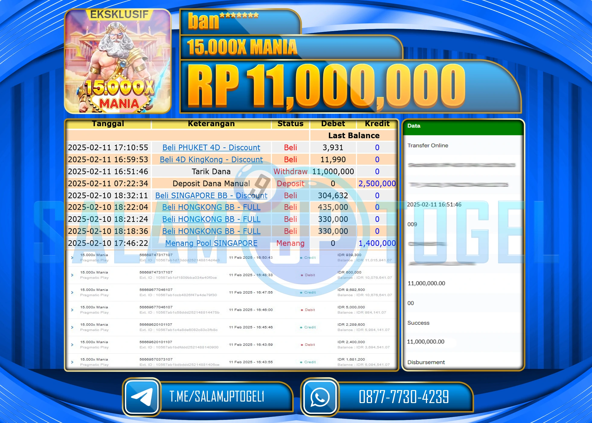 SALAMJPTOGEL MENANG SLOT 15.000X MANIA  Rp. 11,000,000 LUNAS
