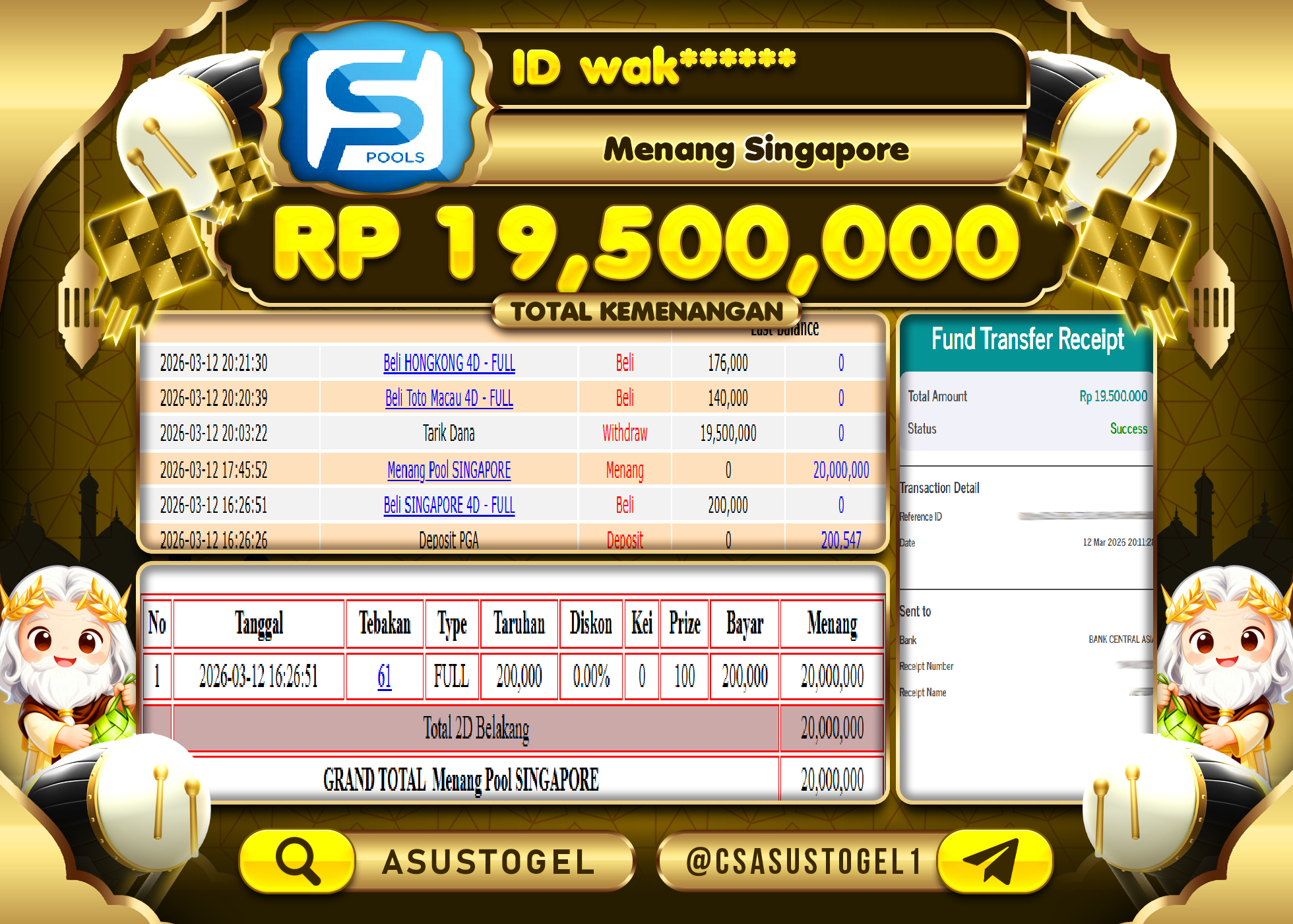 ASUSTOGEL KEMENANGAN DI TOGEL SINGAPORE SEBESAR 19,500,000 - RUPIAH LUNAS