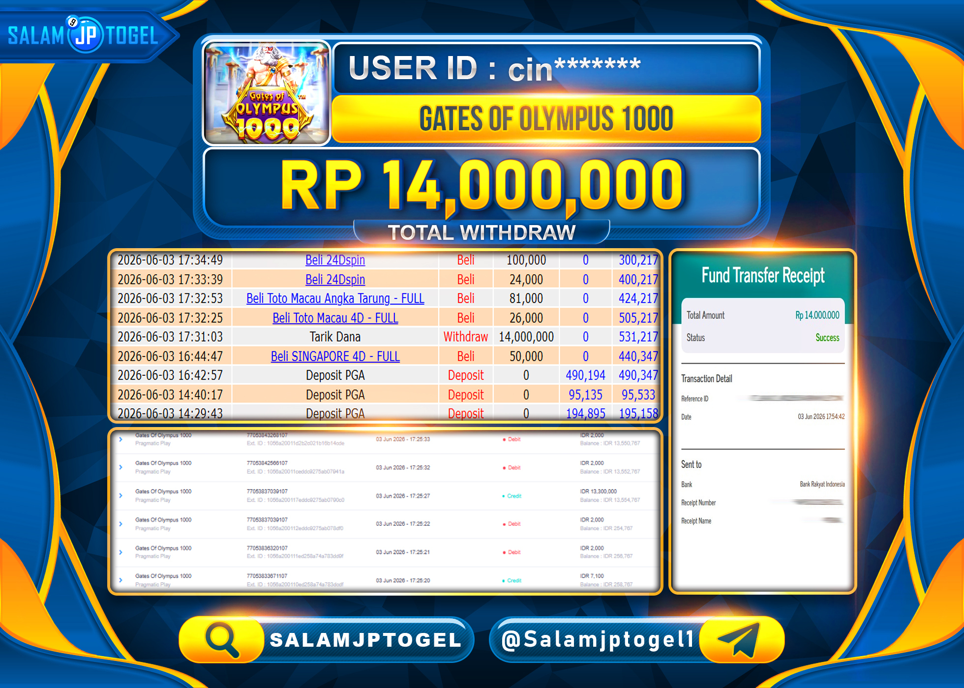 SALAMJPTOGEL JACKPOT MENANG SLOT GATES OF OLYMPUS 1000 Rp.14,000,000 - LUNAS