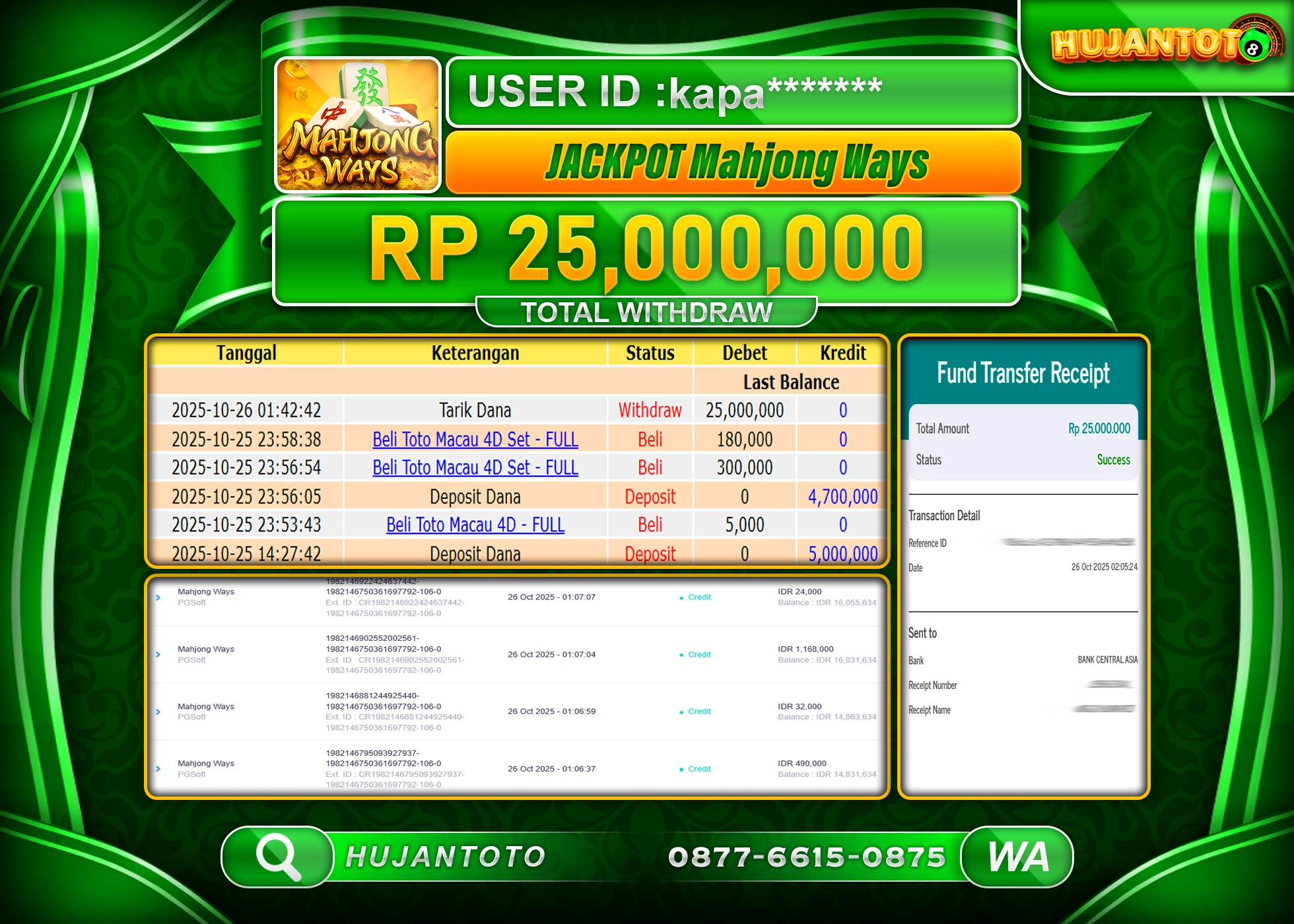 HUJANTOTO - BUKTI JACKPOT MENANG SLOT MAHJONG WAYS PG SOFT Rp.25,000,000 - TERBAYAR LUNAS
