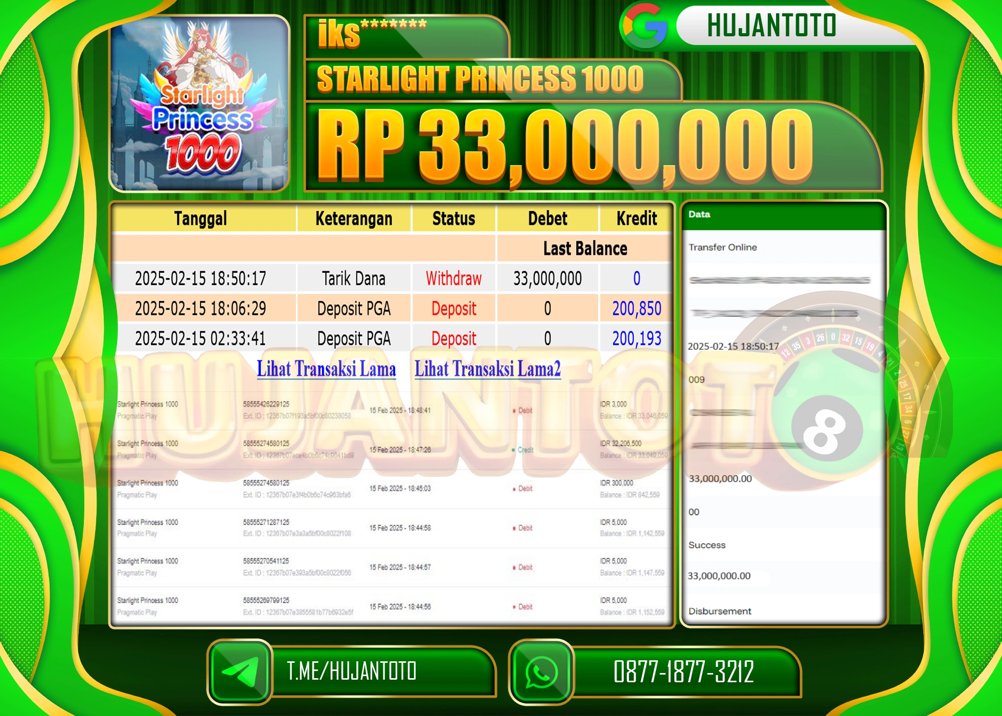 HUJANTOTO - BUKTI JACKPOT MENANG SLOT STARLIGHT PRINCESS 1000 Rp,33.000,000 - TERBAYAR LUNAS