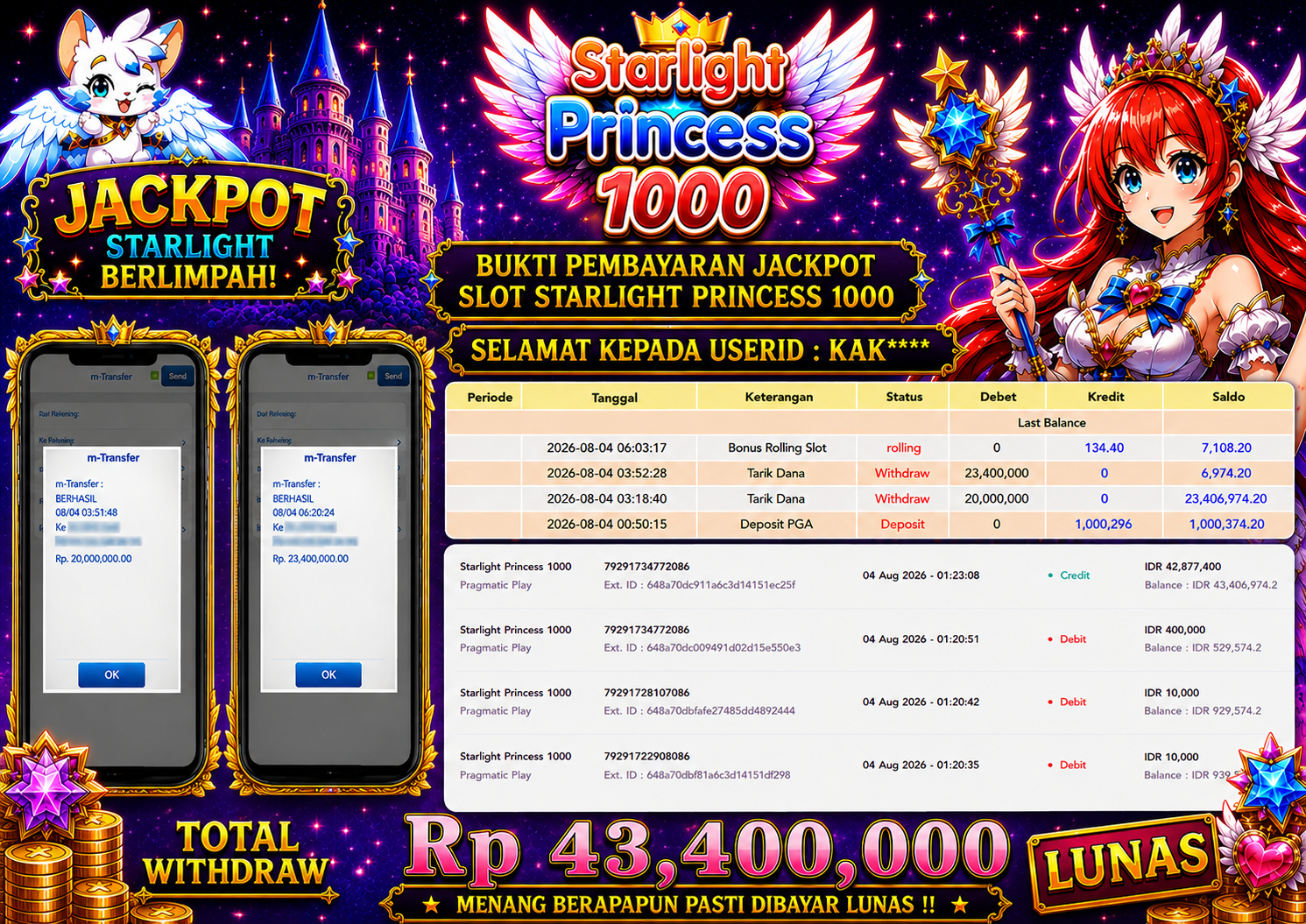 LINITOTO JACKPOT SLOT Starlight Princess 1000  Rp.43,400,000 - LUNAS