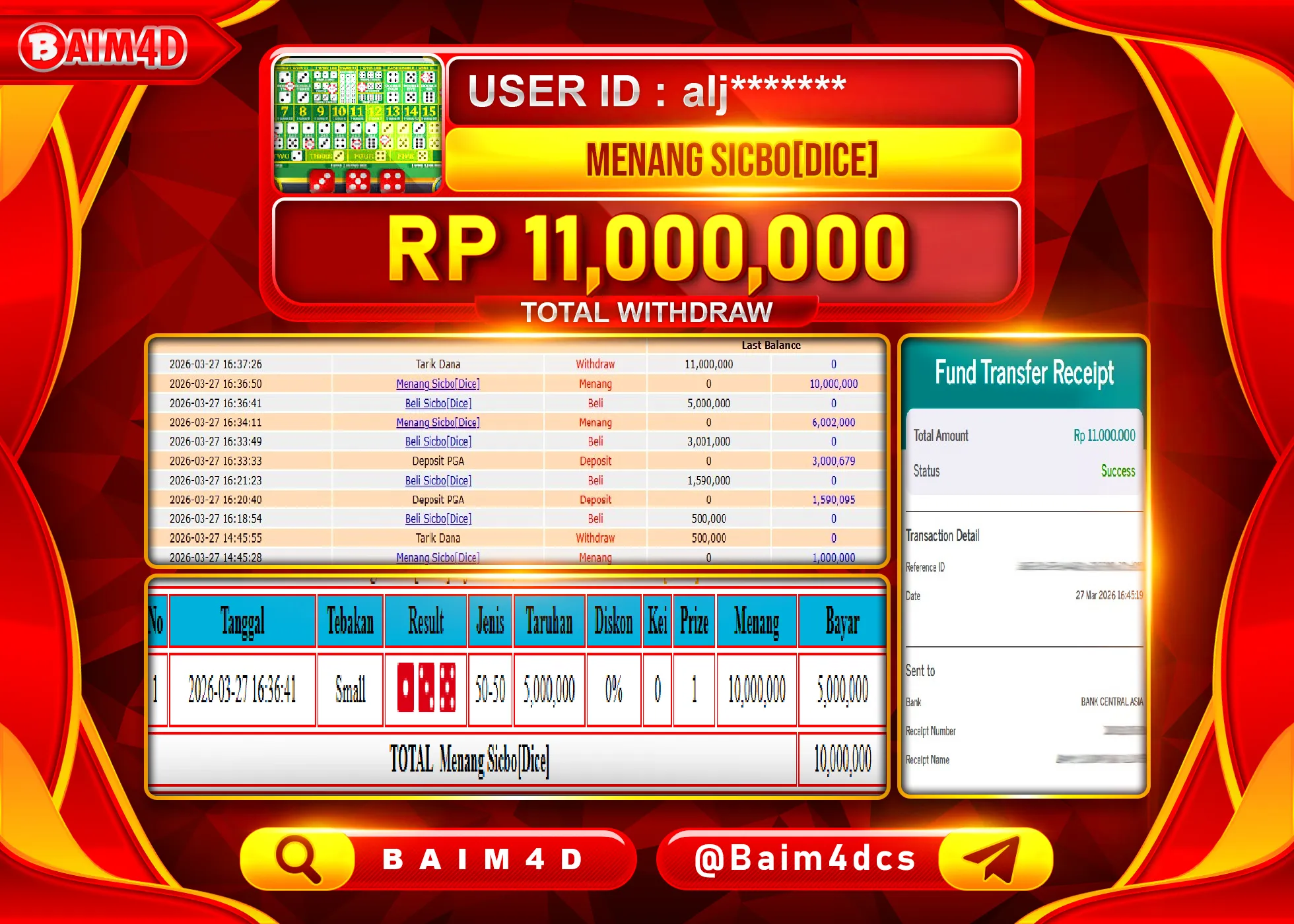 BAIM4D JACKPOT MENANG SICBO [DICE] Rp.11,000,000 - LUNAS