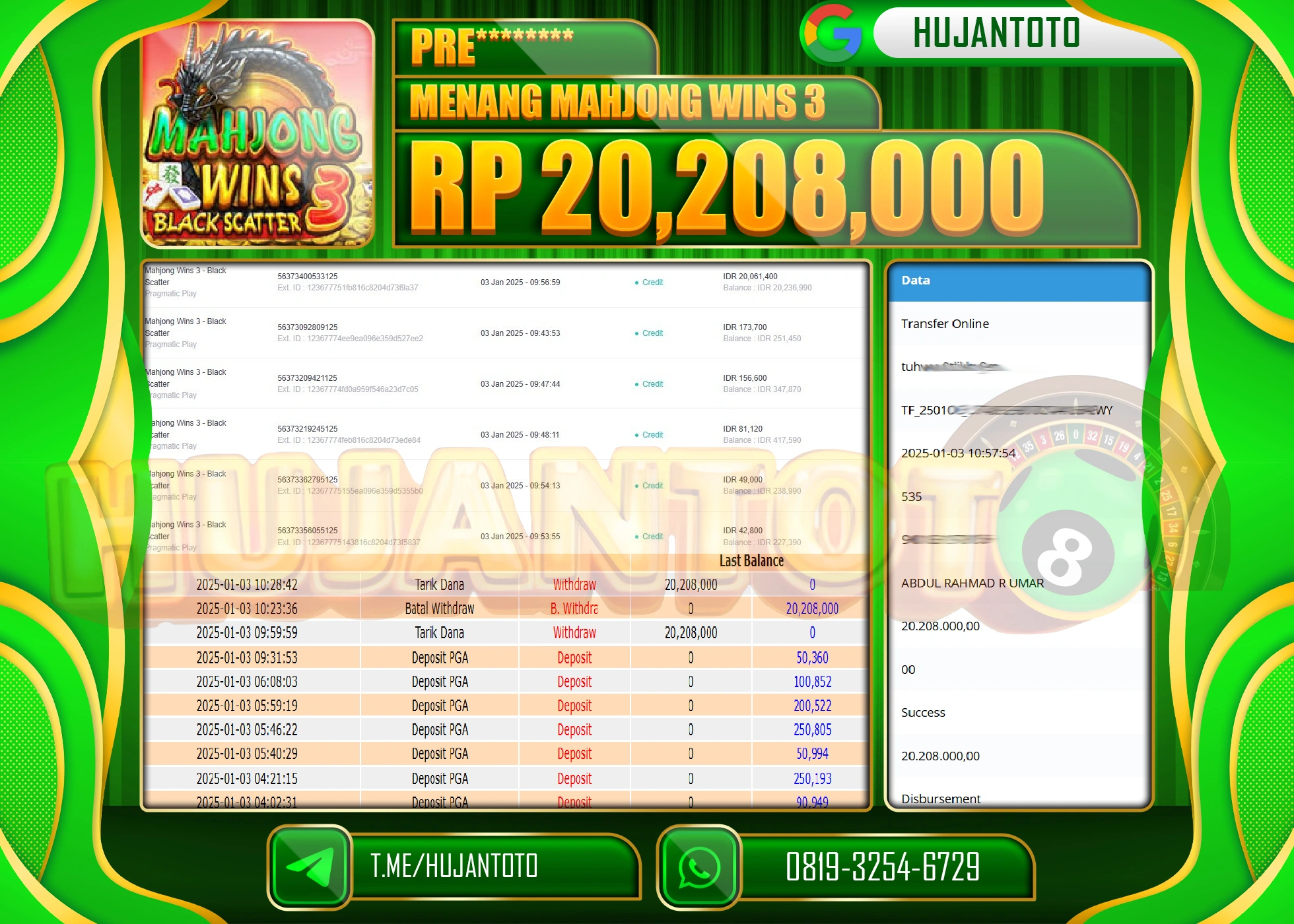 HUJANTOTO - BUKTI JACKPOT PERMAINAN SLOT MAHJONG WINS 3 Rp.20,208,000,- TERBAYAR LUNAS
