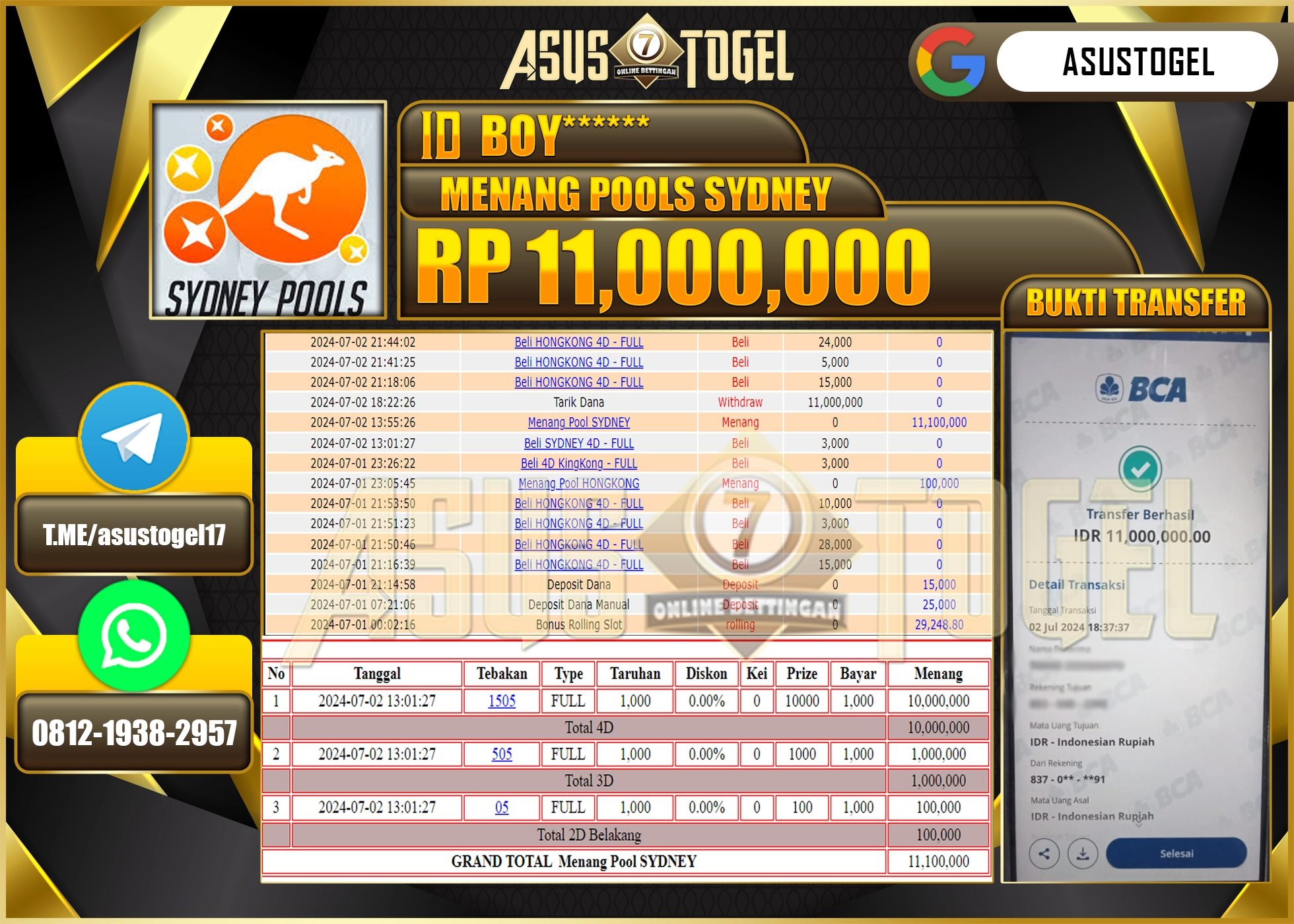 ASUSTOGEL KEMENANGAN DI SYDNEY POOLS SEBESAR 11,000,000-LUNAS
