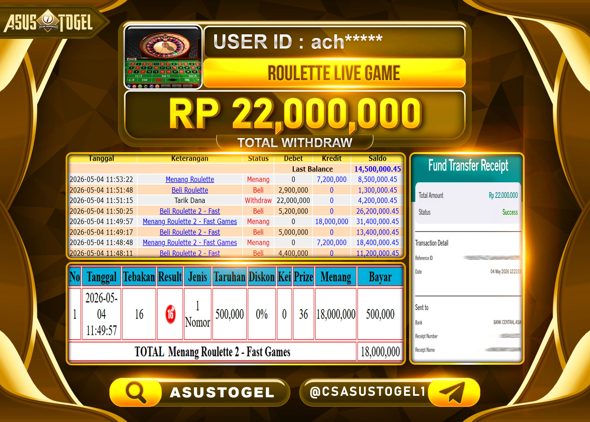 ASUSTOGEL KEMENANGAN JACKPOT DI PERMAINAN ROULETTE  GAMES SEBESAR Rp.22,000,000 - RUPIAH LUNAS