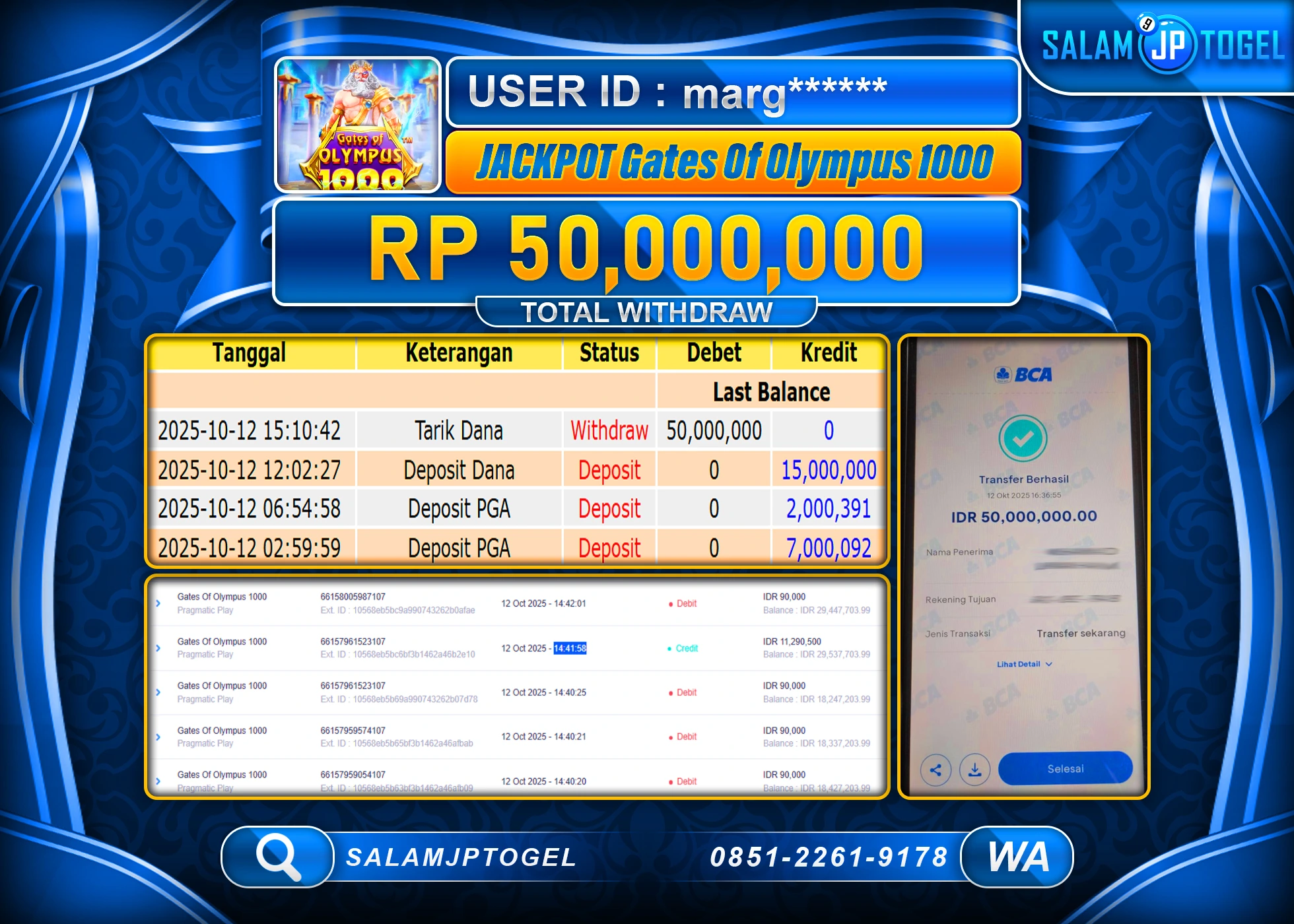 SALAMJPTOGEL MENANG GATES OF OLYMPUS 1000 Rp.50,000,000  - LUNAS
