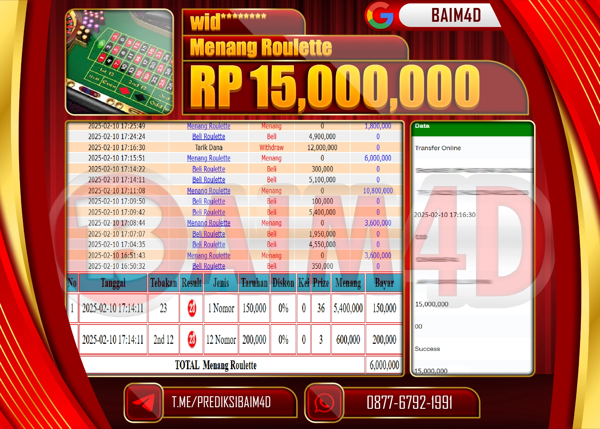 BAIM4D MENANG  MENANG ROULLETE GAMES   Rp.15.000,000.