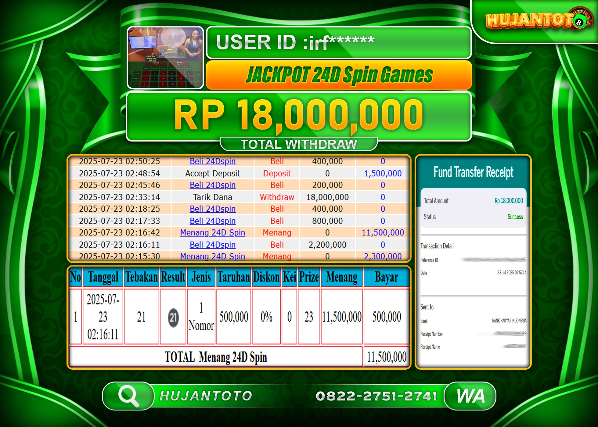 HUJANTOTO - BUKTI JACKPOT MENANG LIVEGAMES 24D SPIN GAMES Rp.18,000,000 - TERBAYAR LUNAS