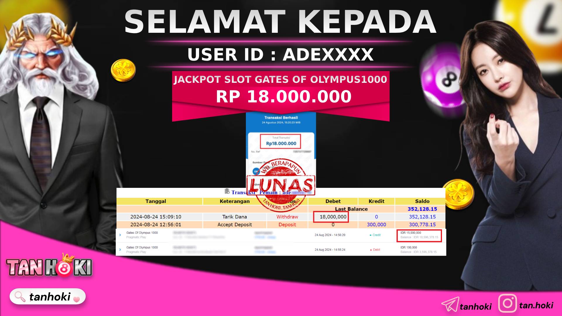 TANHOKI JACKPOT SLOT GATES OF OLYMPUS 1000 Rp.18.000.000,- LUNAS