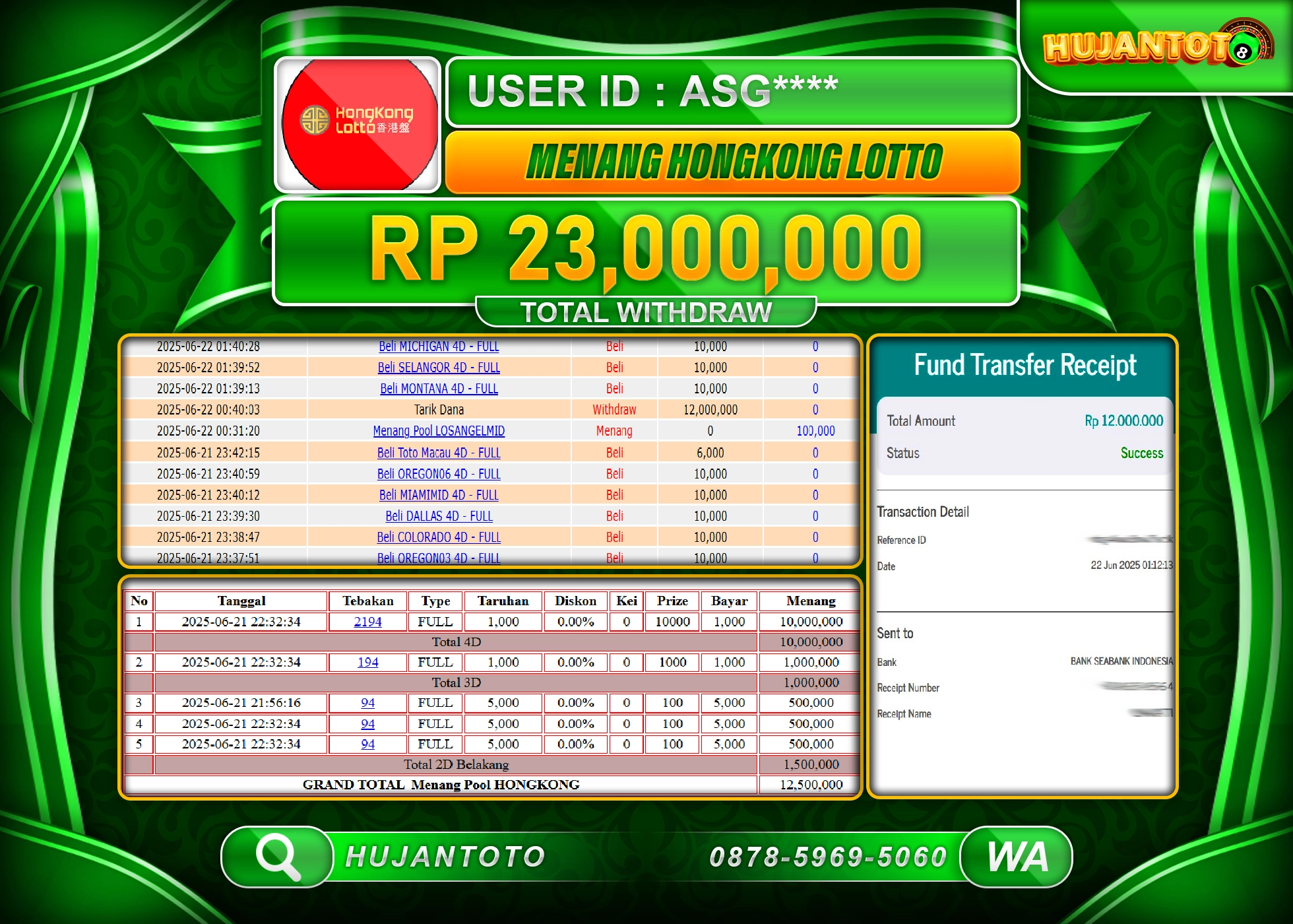 HUJANTOTO - BUKTI JACKPOT MENANG DI GAME TOGEL HONGKONG LOTTO Rp.23,000,000- TERBAYAR LUNAS