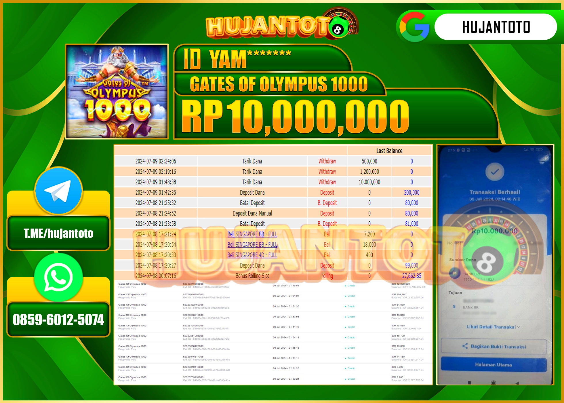 HUJANTOTO MENANG SLOT GATES OF OLYMPUS 1000, 10,000,000 - LUNAS 
