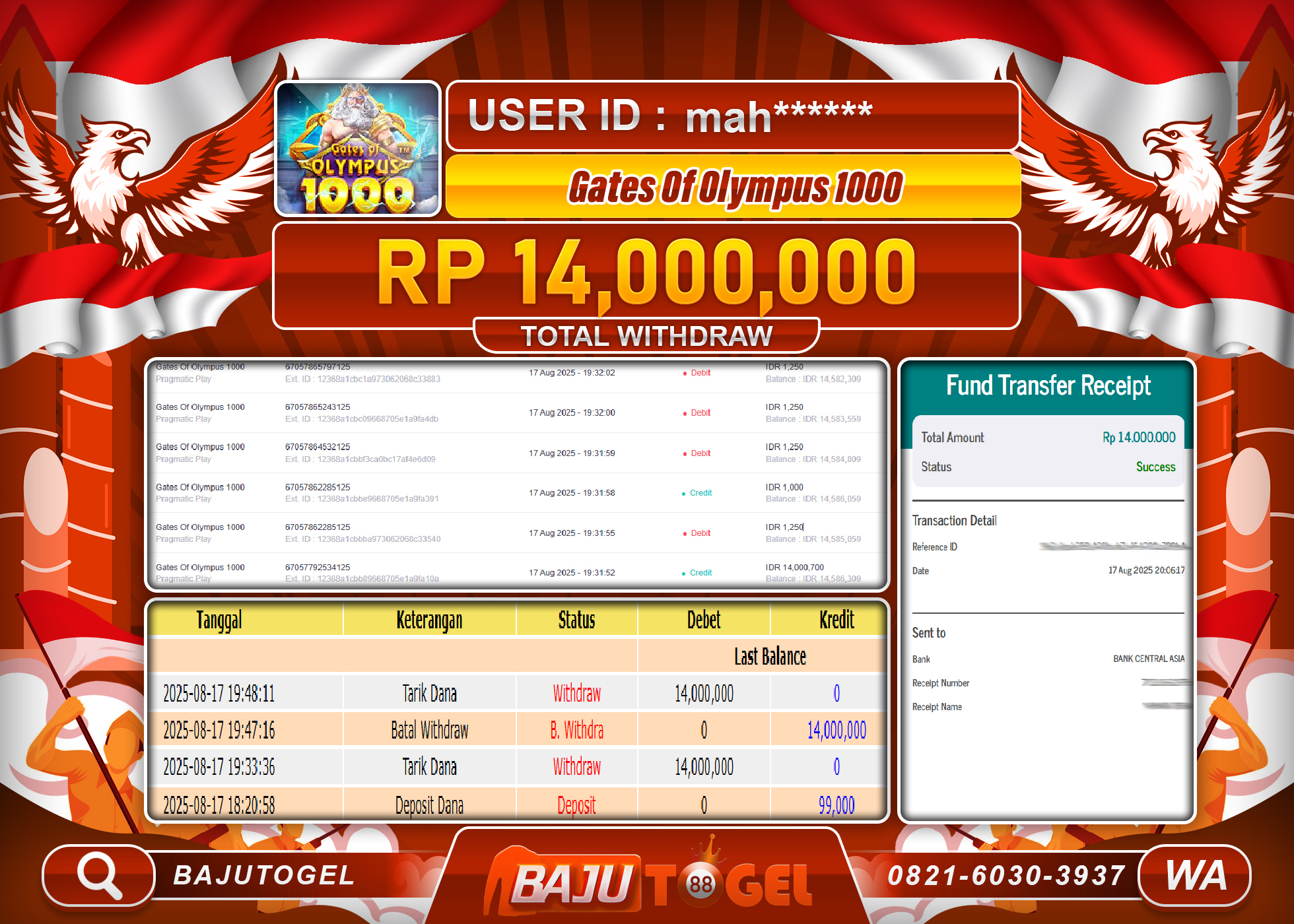 BAJUTOGEL KEMENANGAN GATES OF OLYMPUS 1000  Rp.14.000.000 LUNAS