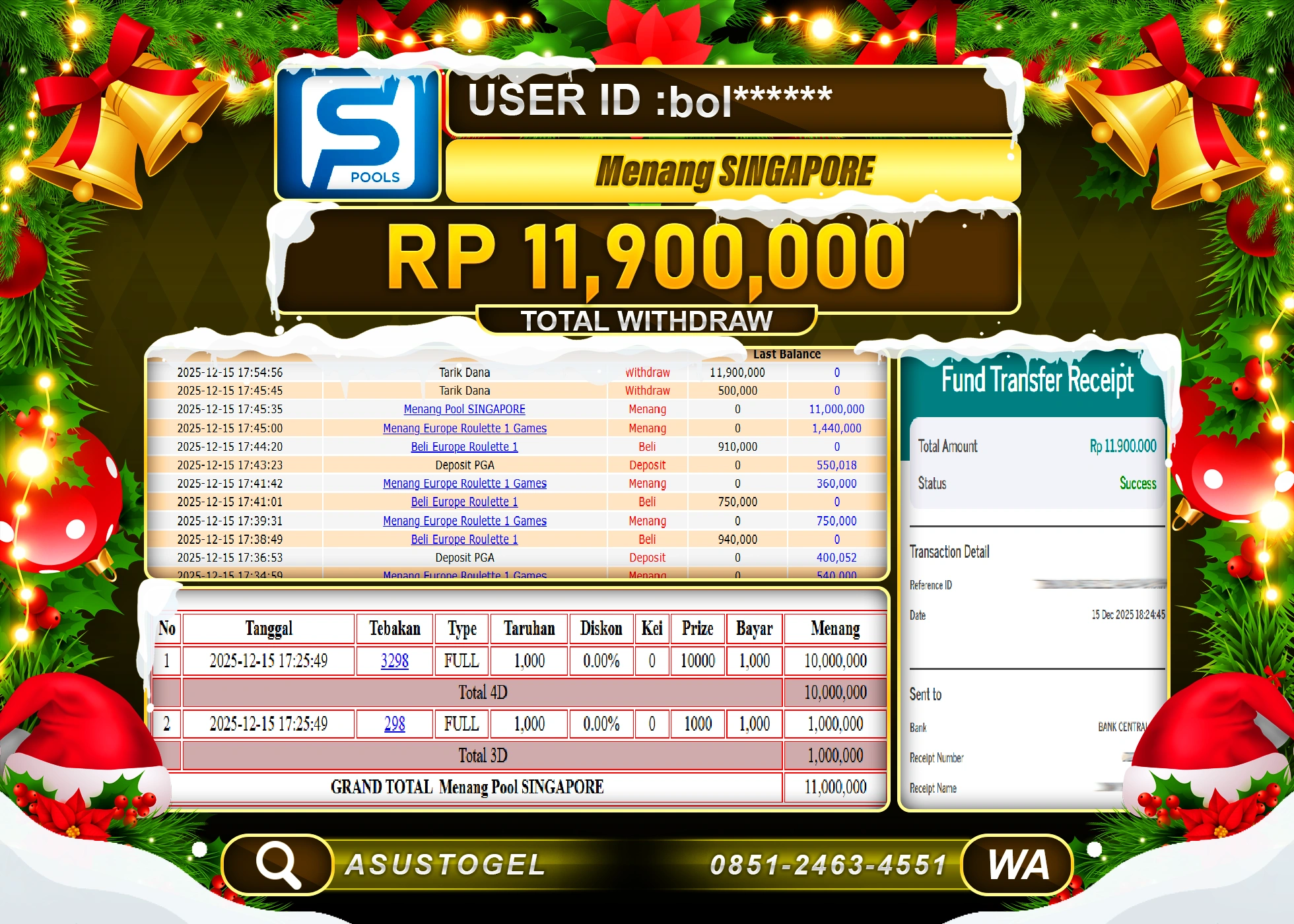ASUSTOGEL KEMENANGAN DI TOGEL SINGAPORE SEBESAR 11,900,000 - RUPIAH LUNAS