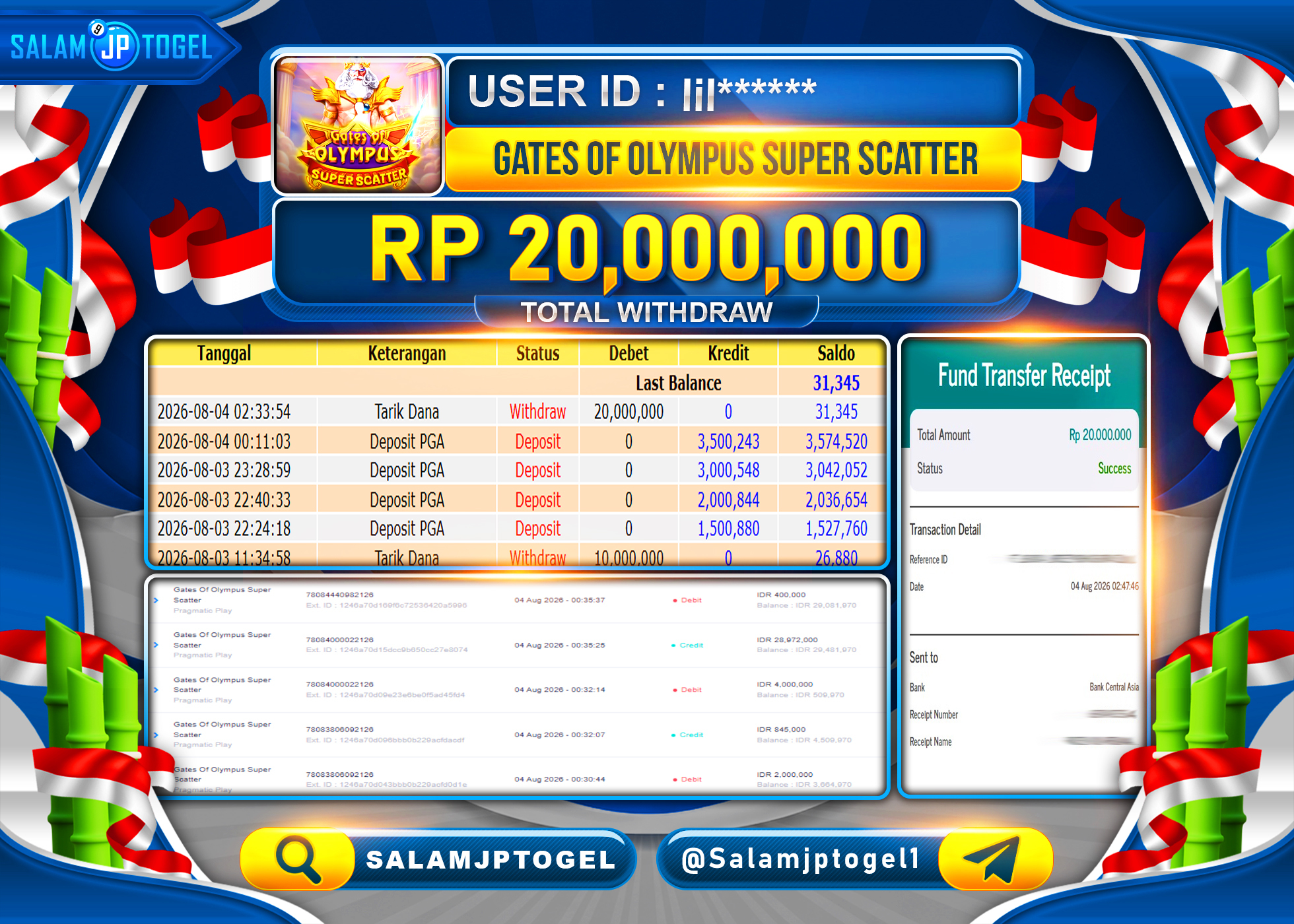 SALAMJPTOGEL JACKPOT MENANG Slot Gates Of Olympus Super Scatter Rp.20,000,000 - LUNAS