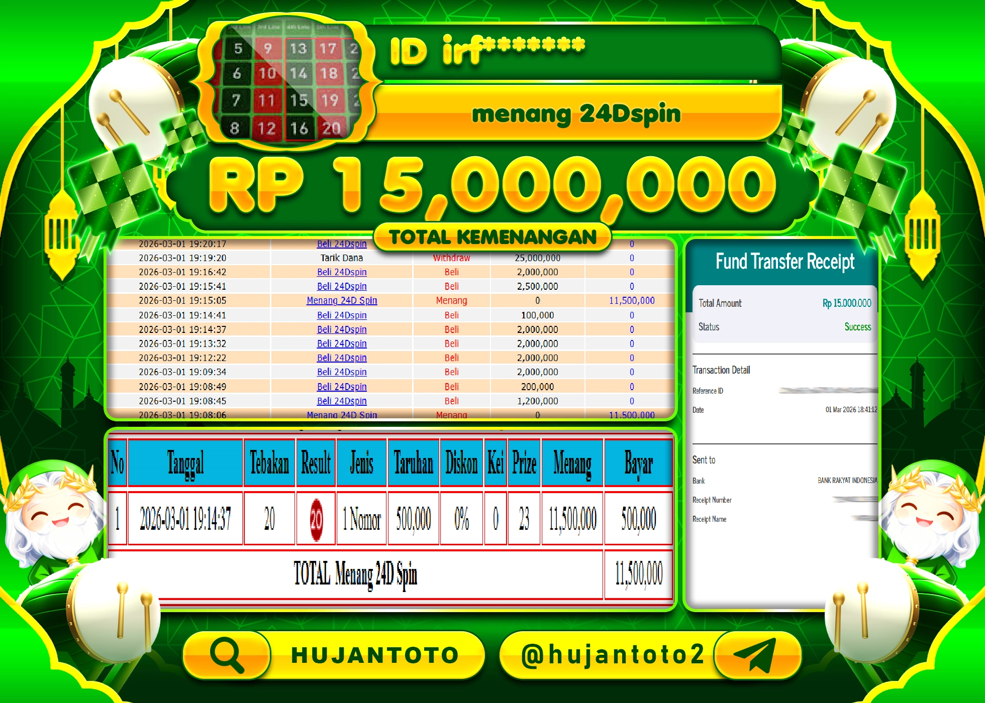 HUJANTOTO - BUKTI JACKPOT MENANG LIVEGAMES 24 DSPIN Rp.15,000,000 - TERBAYAR LUNAS