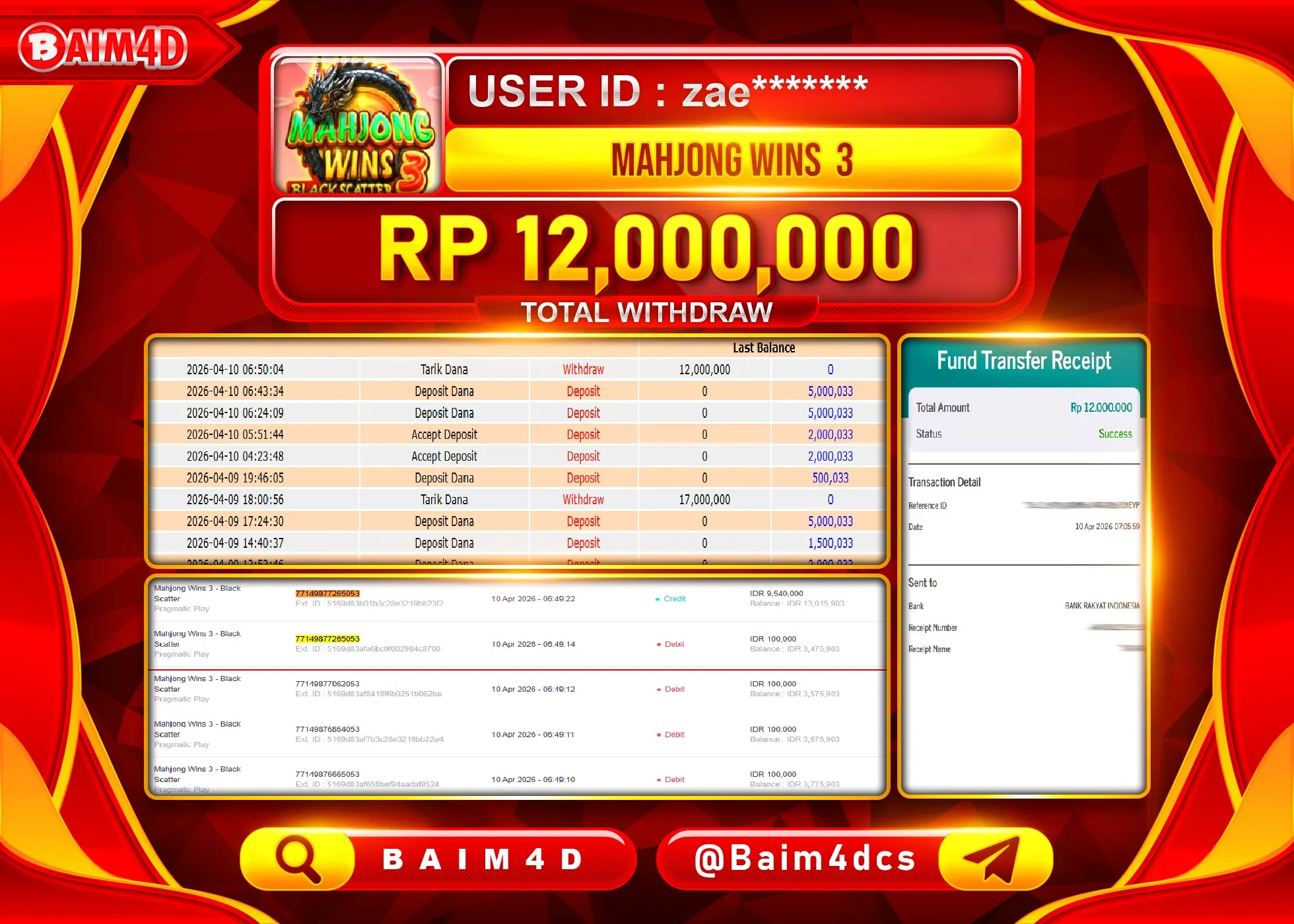 BAIM4D JACKPOT  SLOT MAHJONG WINS 3 Rp.12,000,000 - LUNAS