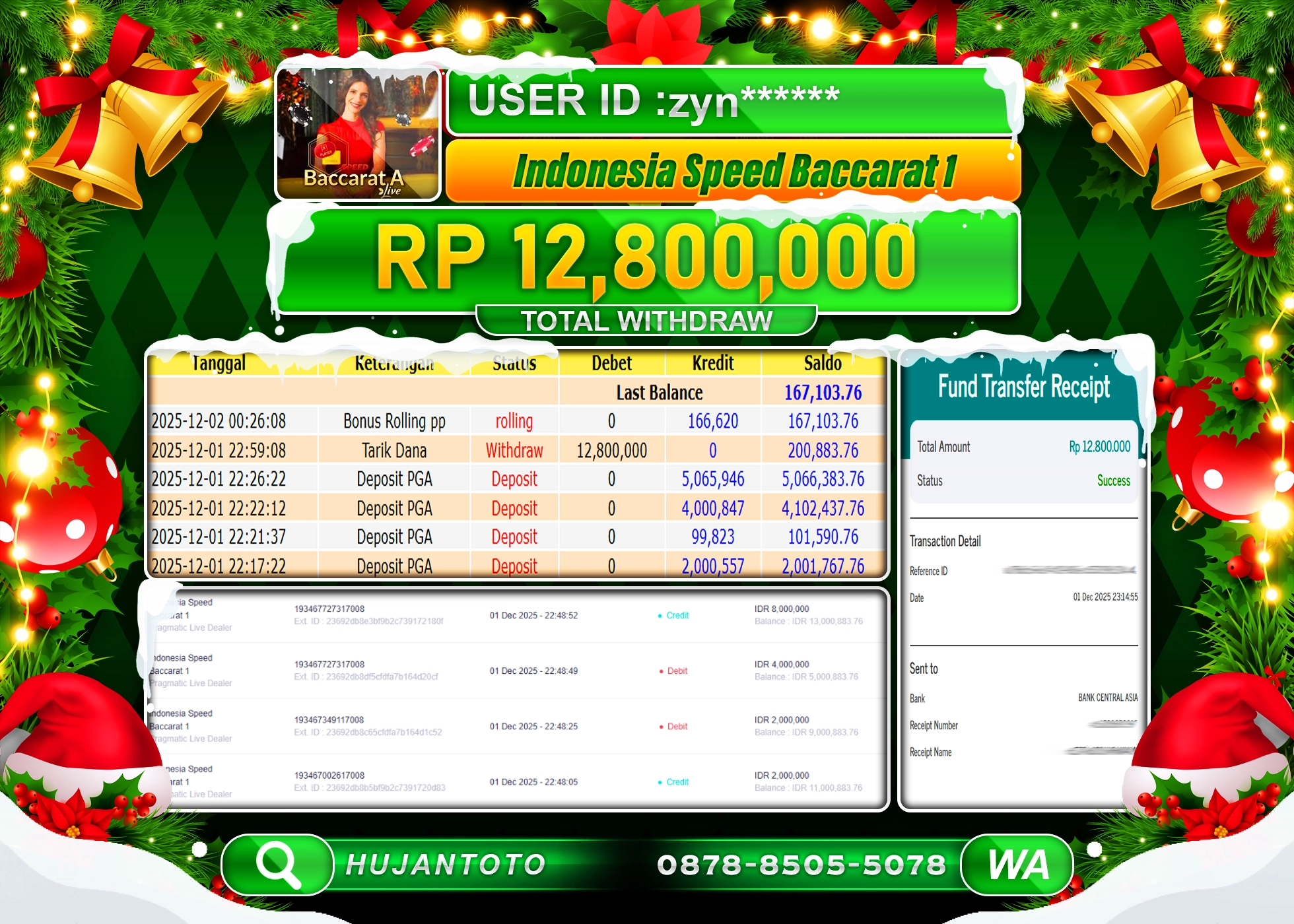 HUJANTOTO - BUKTI JACKPOT MENANG LIVE SPEED BACCARAT 1 Rp.12,800,000 - TERBAYAR LUNAS