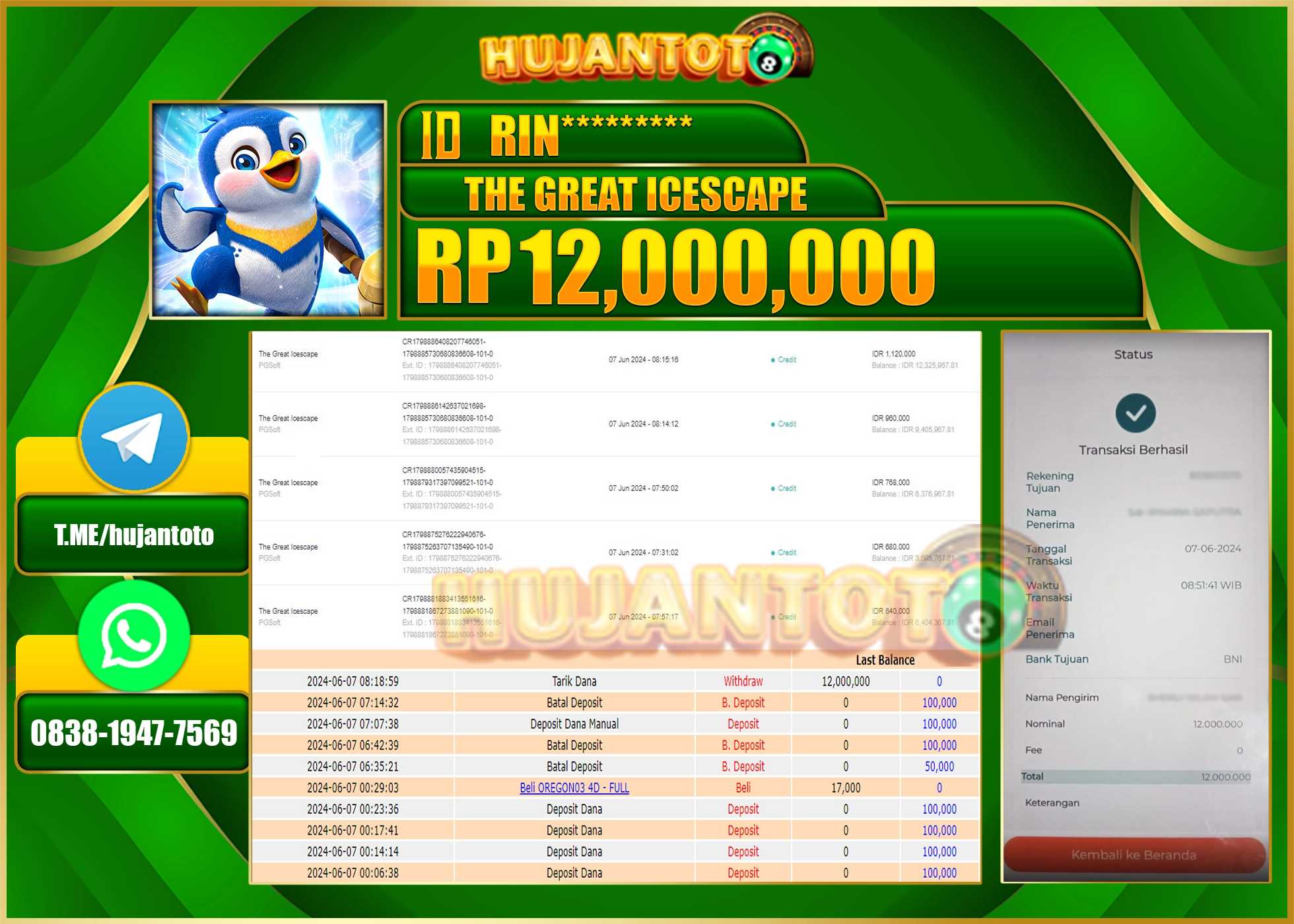 HUJANTOTO MENANG SLOT THE GREAT ICESCAPE 12.000.000 - LUNAS 
