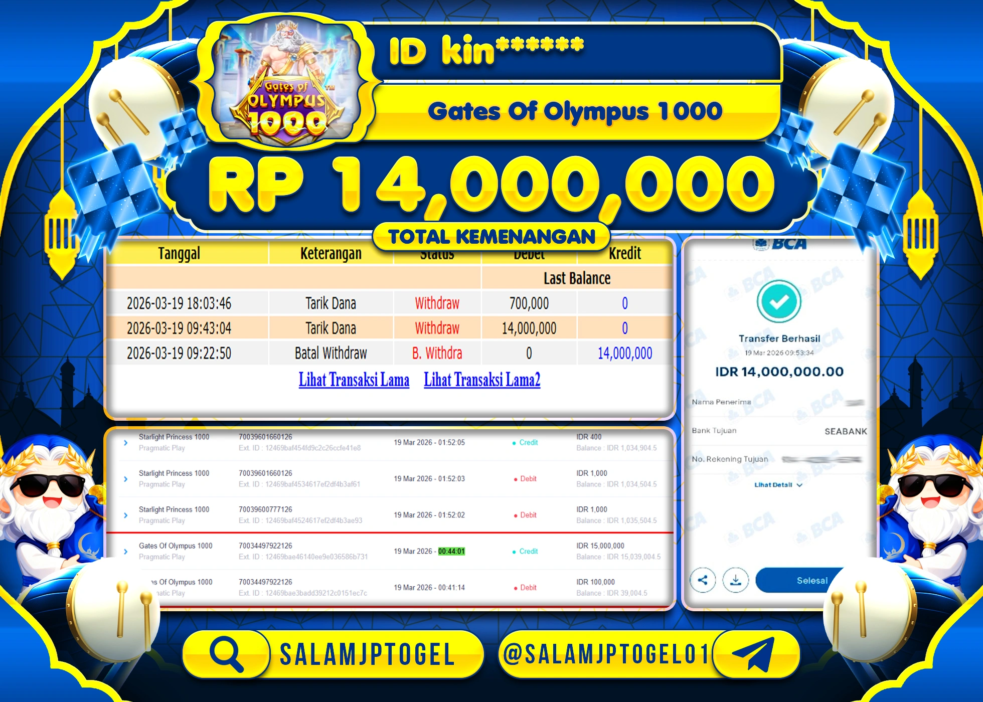 SALAMJPTOGEL MENANG JACKPOT SLOT GATES OF OLYMPUS 1000 Rp.14,000,000 - LUNAS