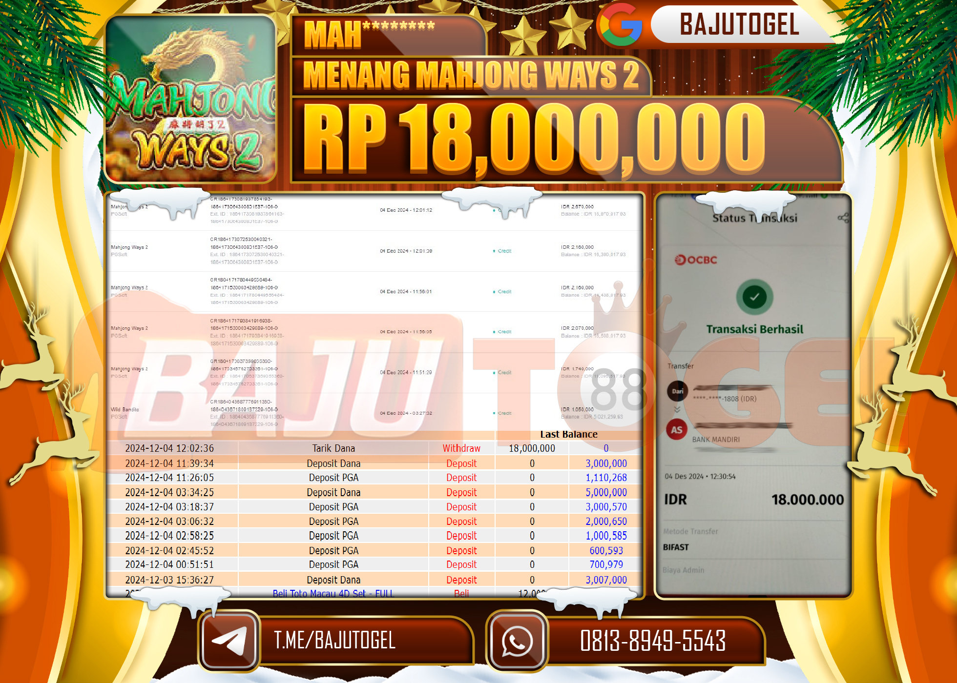 BAJUTOGEL JACKPOT PGSOFT  MAHJONG WAYS 2 Rp.18.000.000 LUNAS