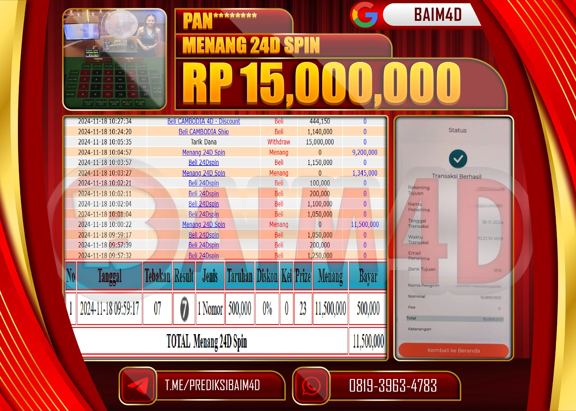 BAIM4D JACKPOT MENANG 24D SPIN GAMES Rp.15.000,000.- LUNAS