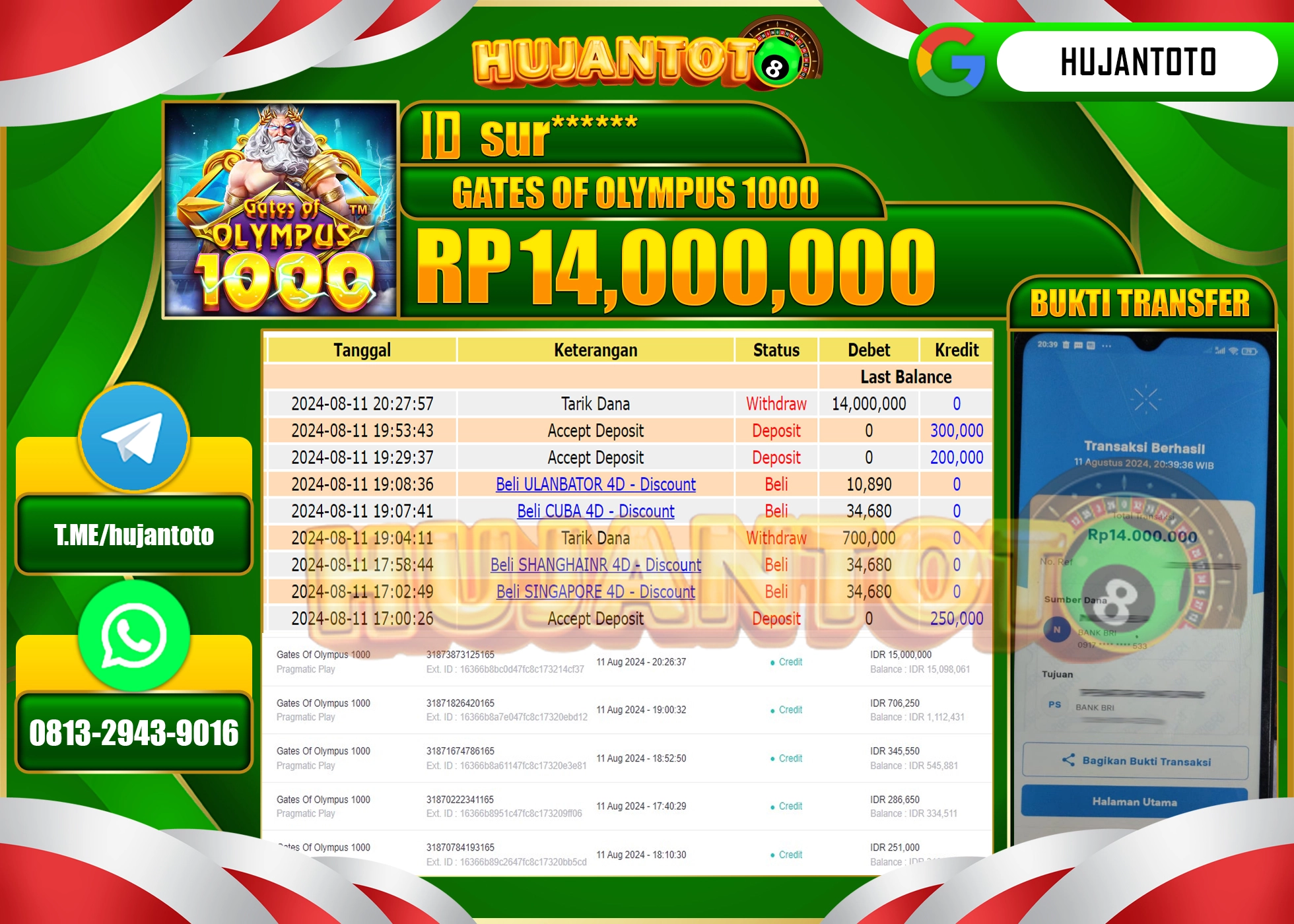 HUJANTOTO MENANG BESAR DI PERMAINAN GATES OF OLYMPUS 1000, 14.000.000  - LUNAS 