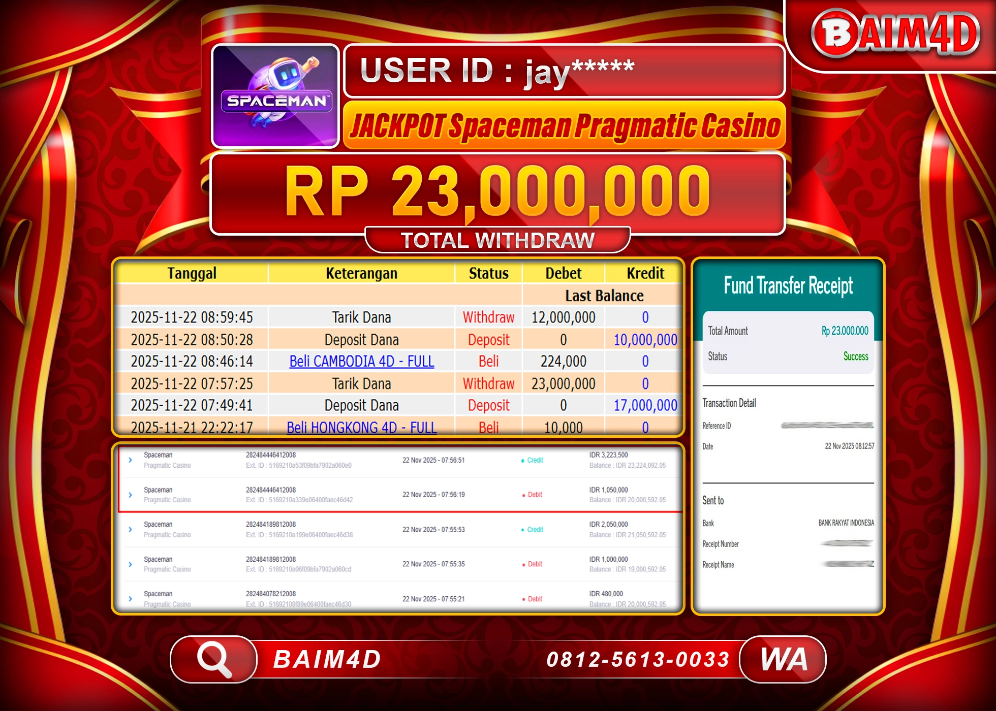 BAIM4D JACKPOT SLOT SPACEMAN PRAGMATIC Rp.23,000,000 - LUNAS