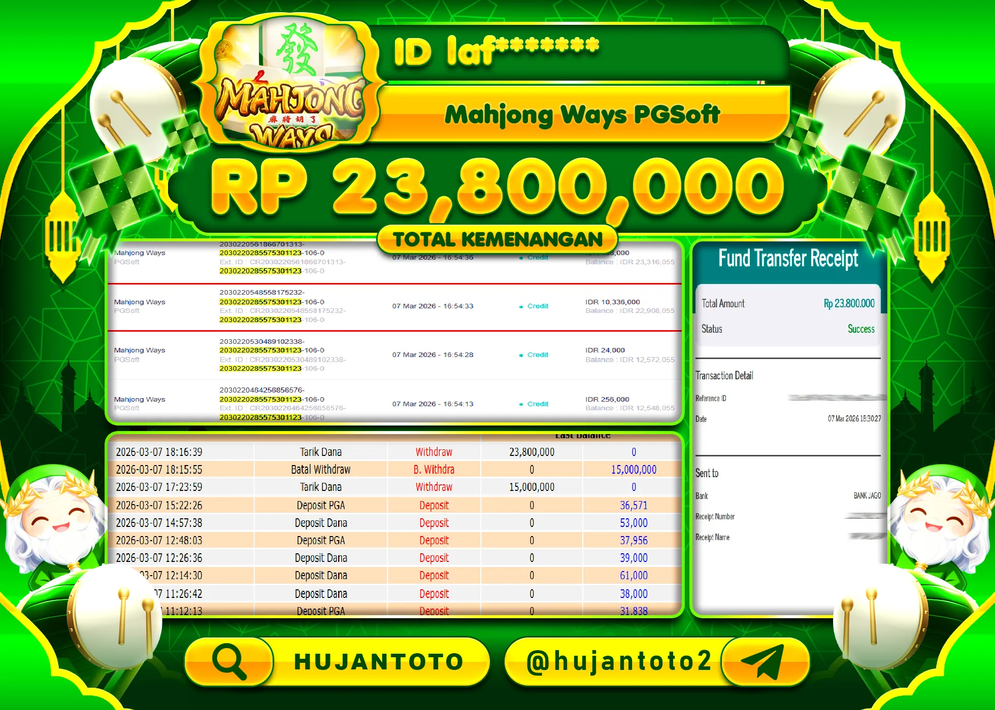 HUJANTOTO - BUKTI JACKPOT MENANG SLOT MAHJONG WAYS Rp.23,800,000 - TERBAYAR LUNAS