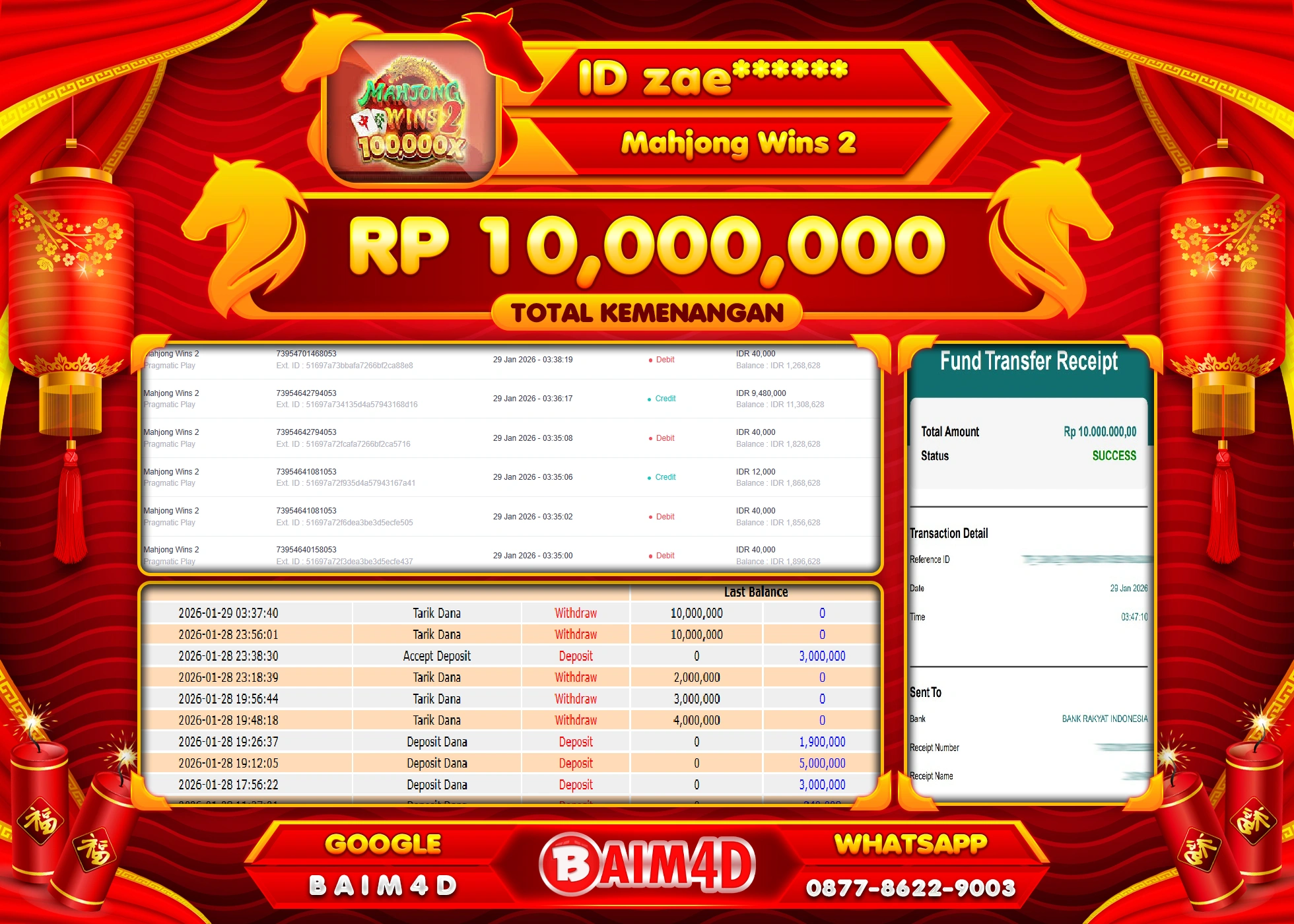 BAIM4D JACKPOT  SLOT MAHYONG WINS 2  Rp.10,000,000 - LUNAS