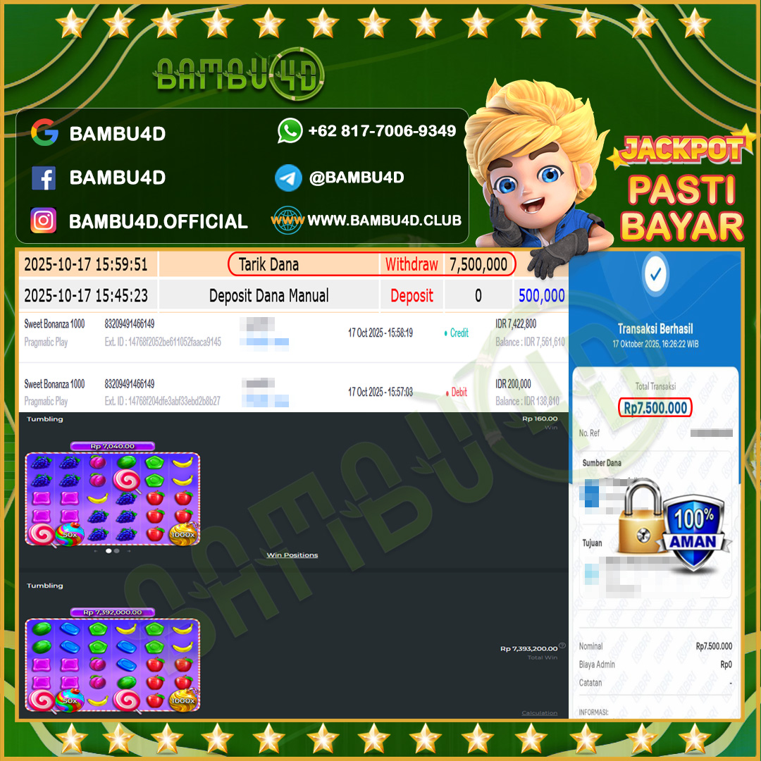 BAMBU4D JACKPOT SLOT PRAGMATIC SWEET BONANZA 1000 Rp.7.422.800,- LUNAS