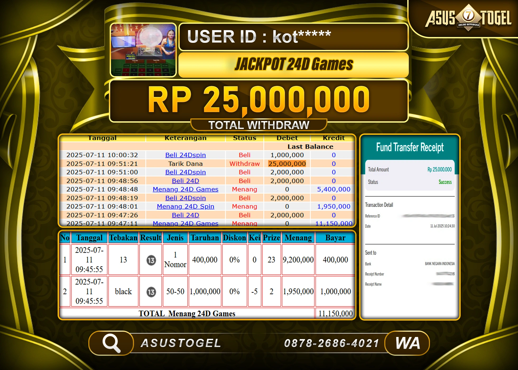 ASUSTOGEL KEMENANGAN DI LIVEGAMES 24D SPIN GAMES SEBESAR 25,000,000- RUPIAH LUNAS