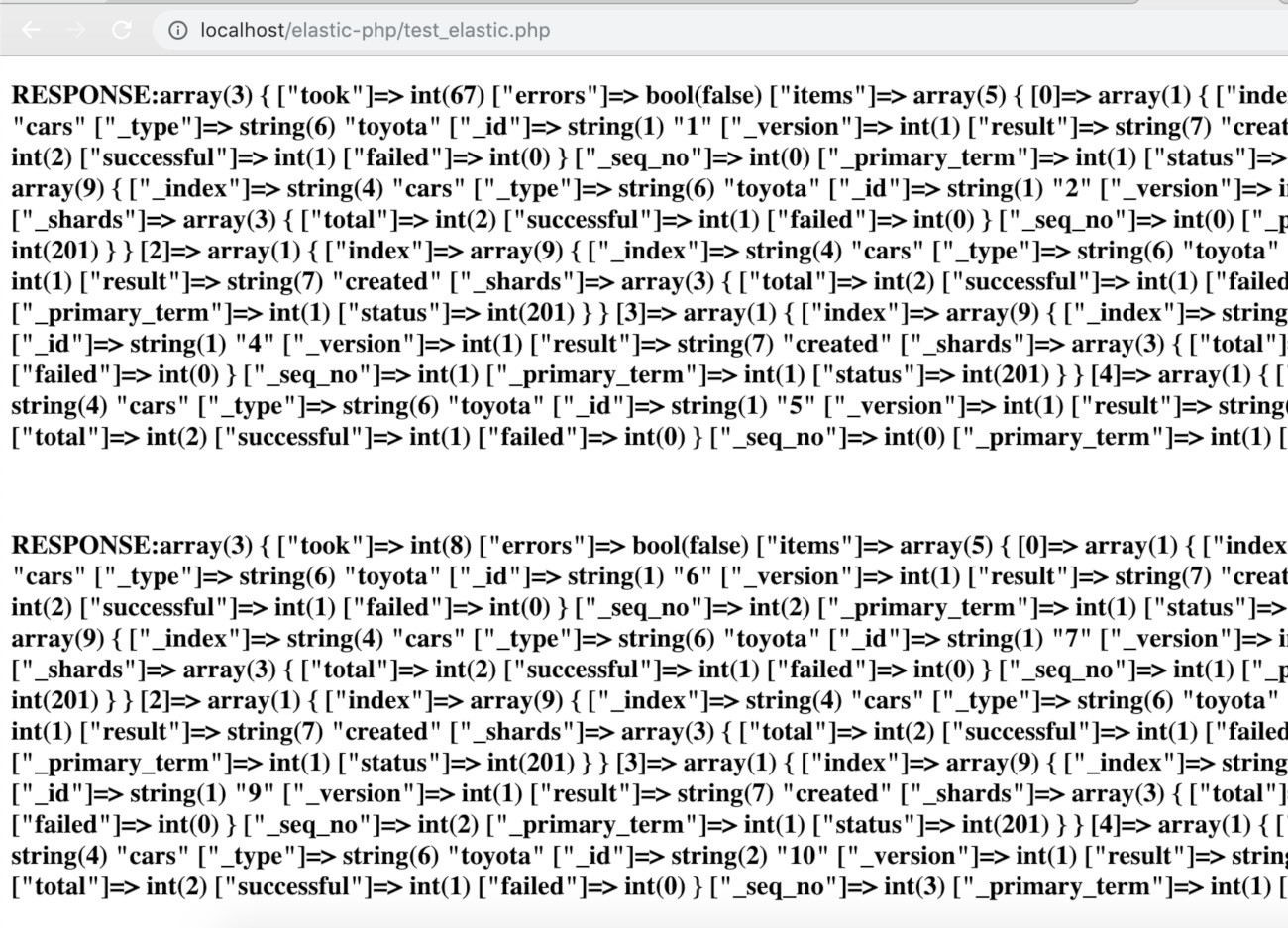Screenshot of PHP's var_dump function printing an Elasticsearch PHP bulk() method API call's response