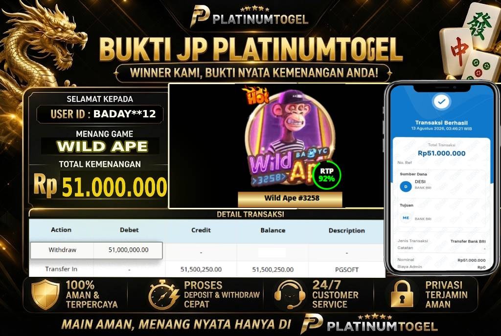 🏆 Bukti Jackpot WILD APE  Dengan Kemanangan Rp 51,000,000-. Hanya di PLATINUMTOGEL🏆