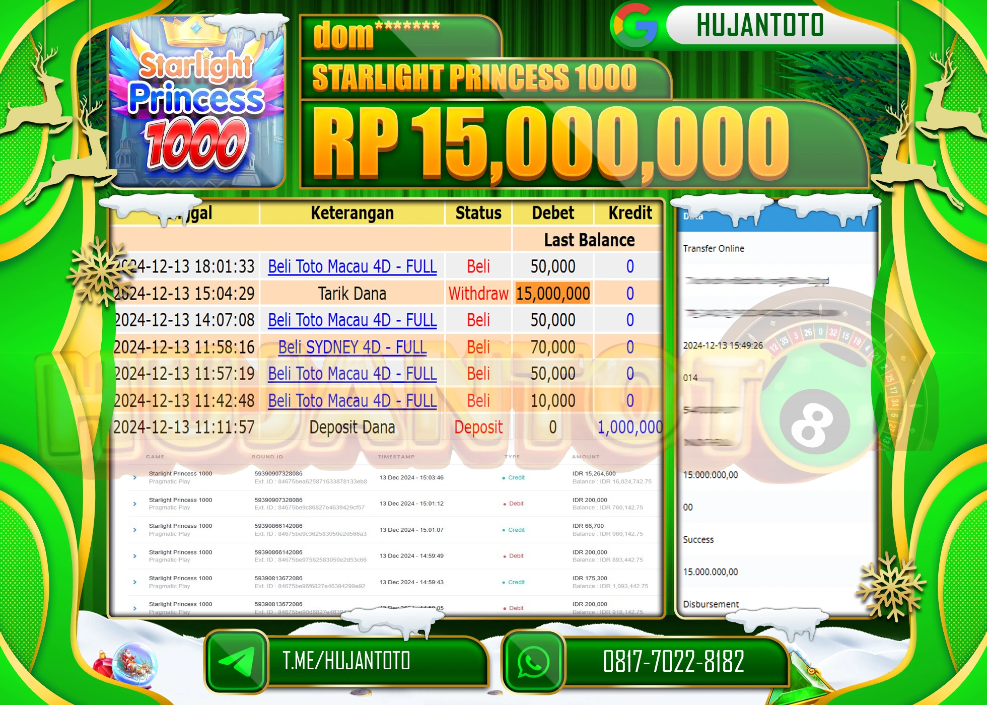 HUJANTOTO ATAS KEMENANGAN BESAR YANG DI RAIH DI PERMAINA SLOT STARLIGHT PRINCESS 1000 - 15,000,000 - TERBAYAR LUNAS