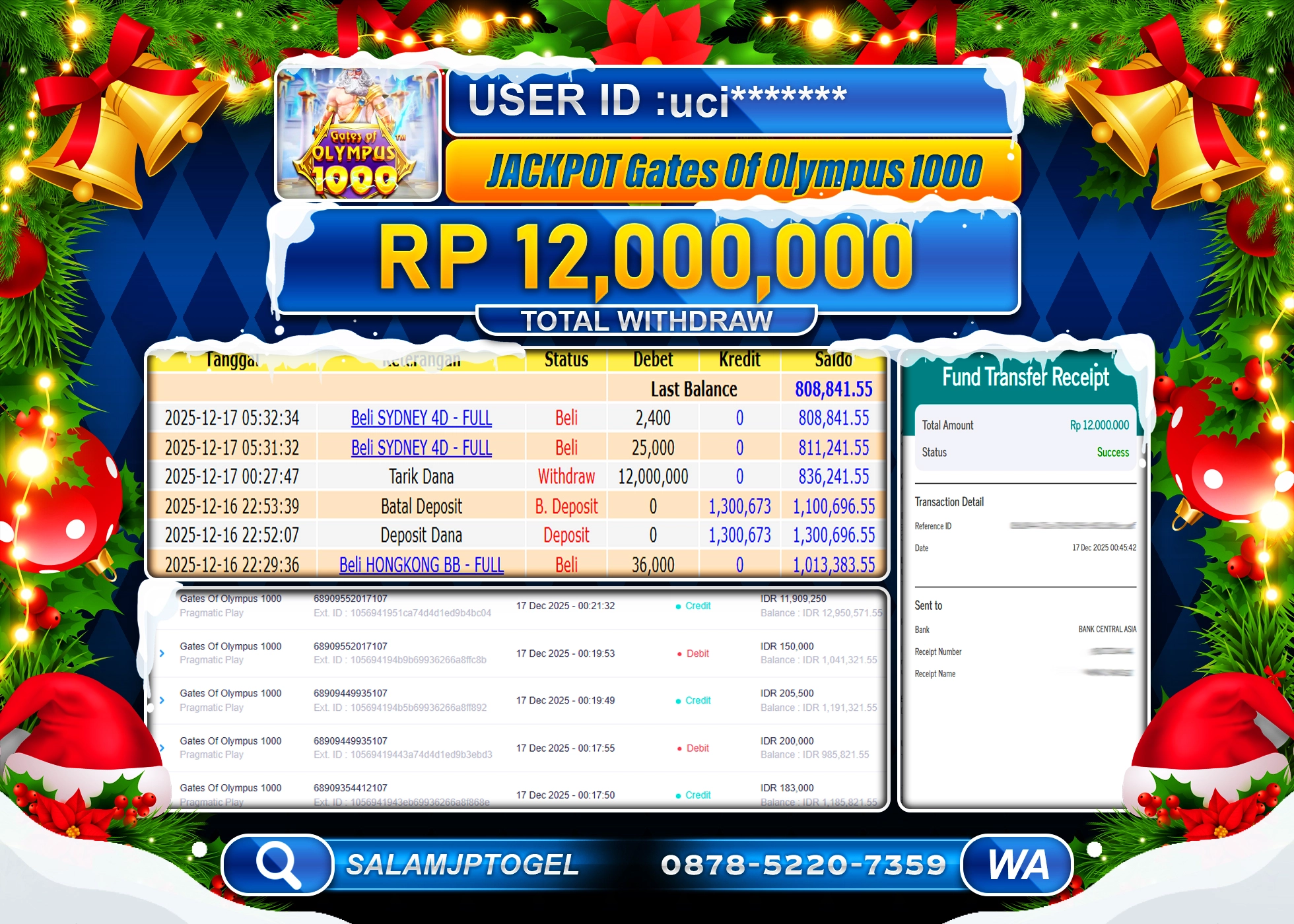 SALAMJPTOGEL MENANG GATES OF OLYMPUS 1000 Rp.12,000,000 - LUNAS