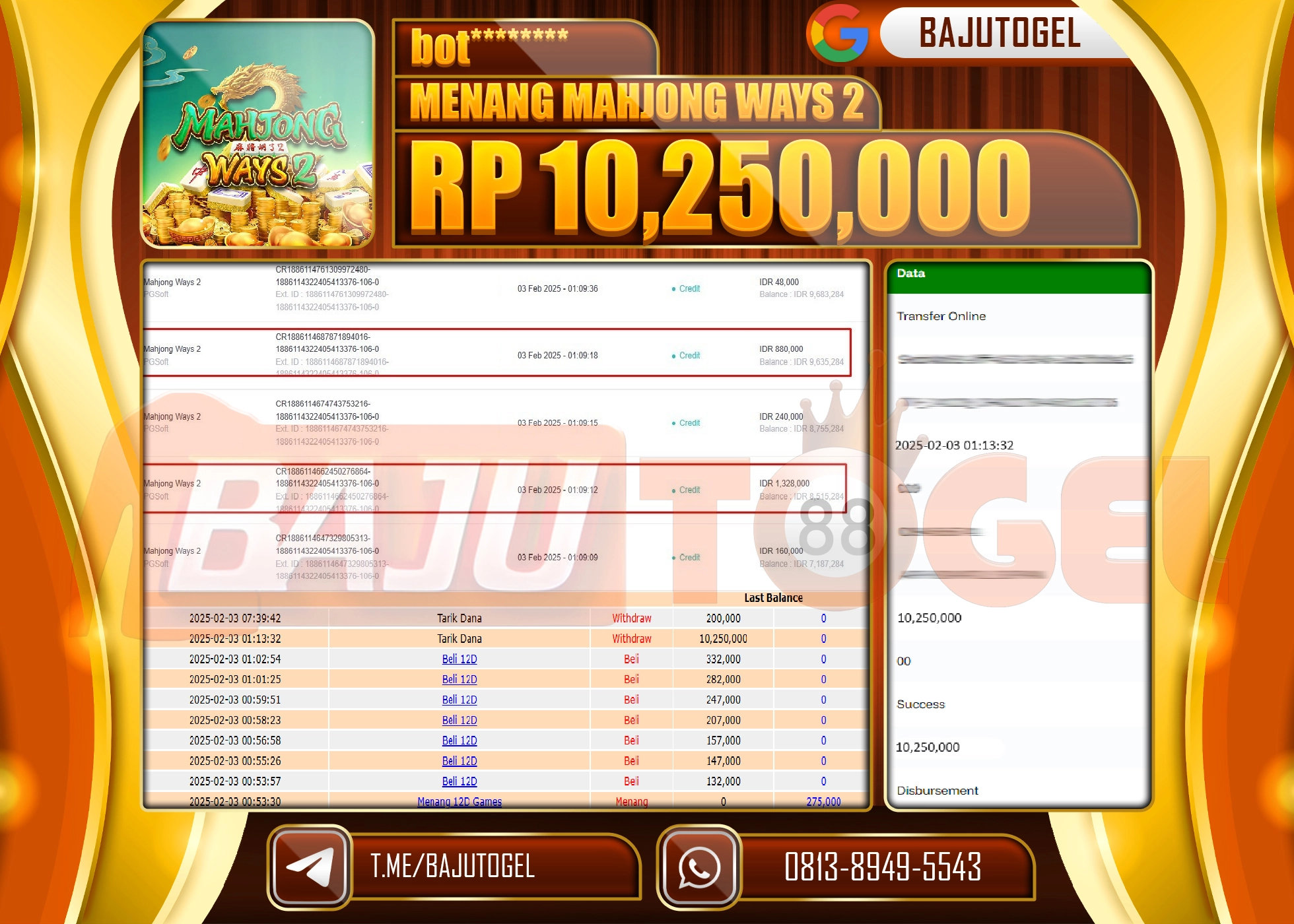 BAJUTOGEL KEMENANGAN MAHJONG WAYS 2 Rp.10.250.000 LUNAS