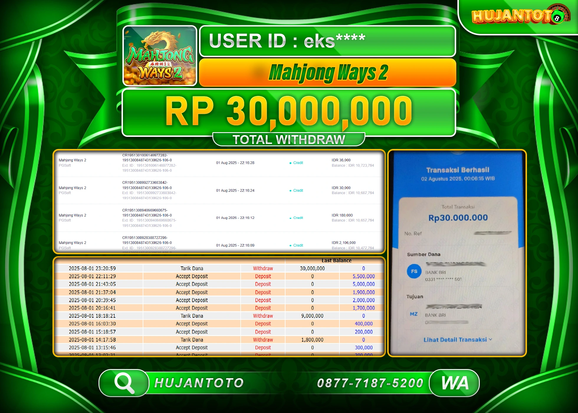 HUJANTOTO - BUKTI JACKPOT MENANG SLOT MAHJONG WAYS 2 Rp.30,000,000 - TERBAYAR LUNAS