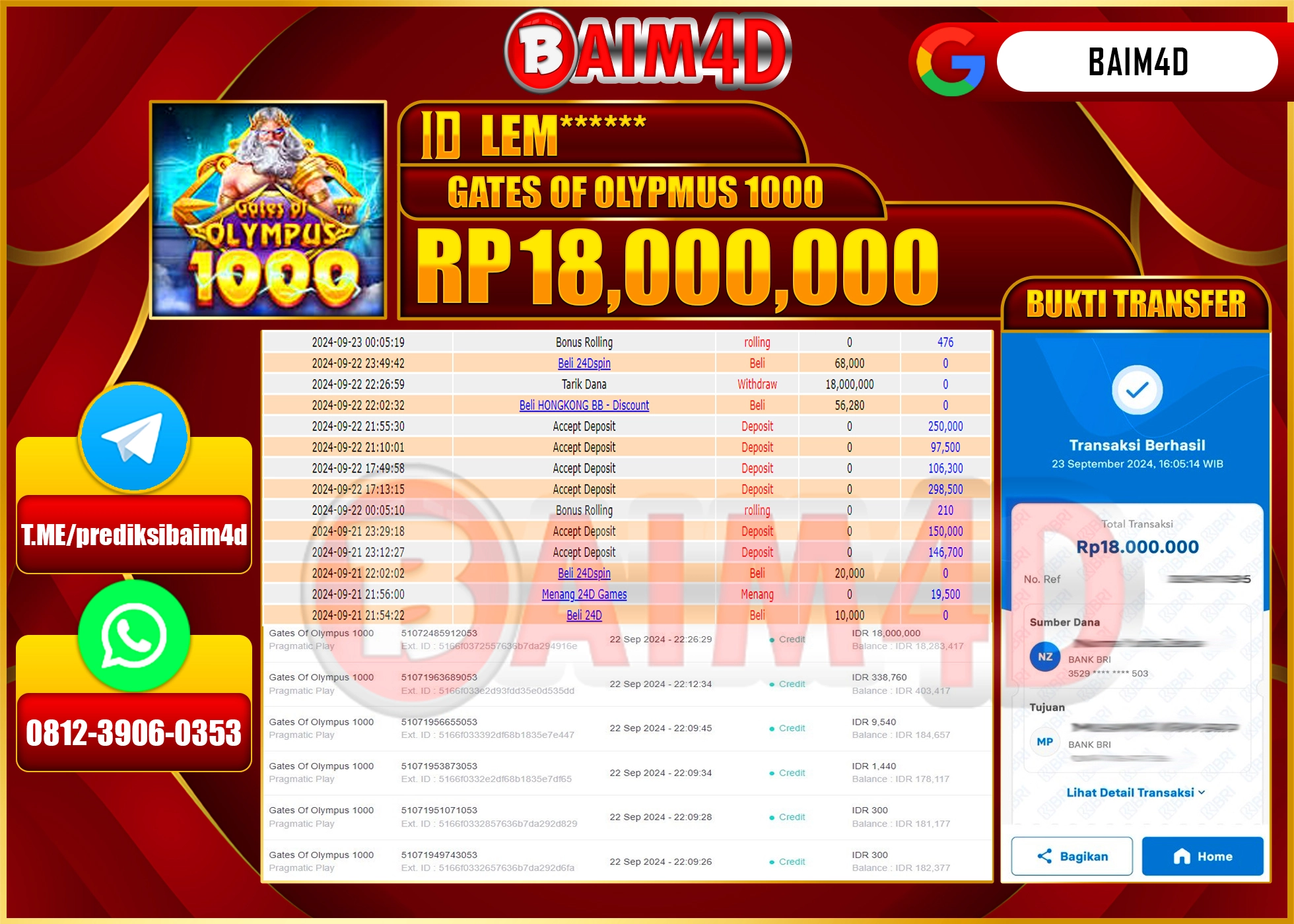 BAIM4D JACKPOT GATES OF OLYMPUS 1000 Rp.18.000,000.- LUNAS