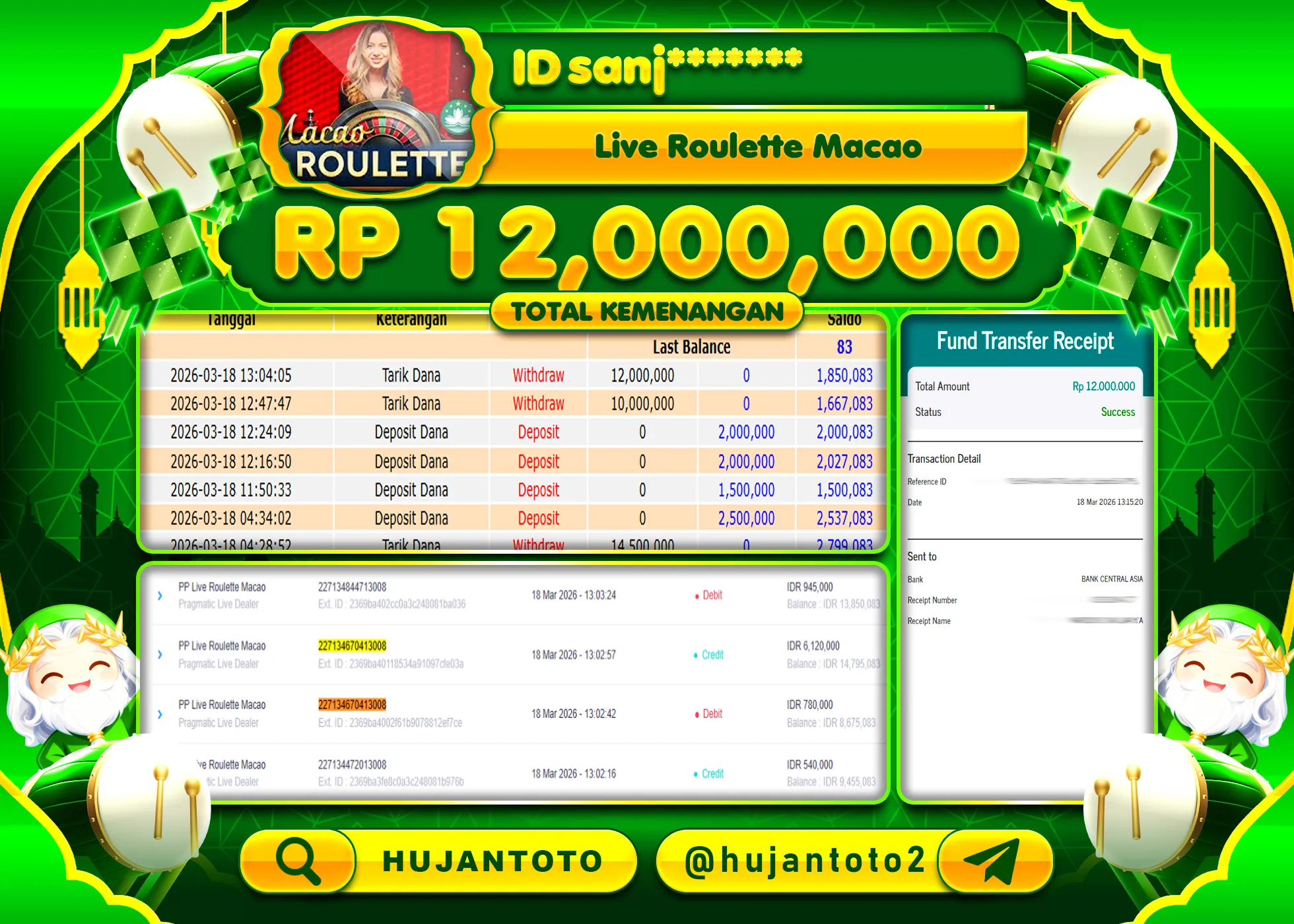 HUJANTOTO - BUKTI JACKPOT MENANG LIVEGAME LIVE ROULETTE MACAO Rp.12,000,000 - TERBAYAR LUNAS