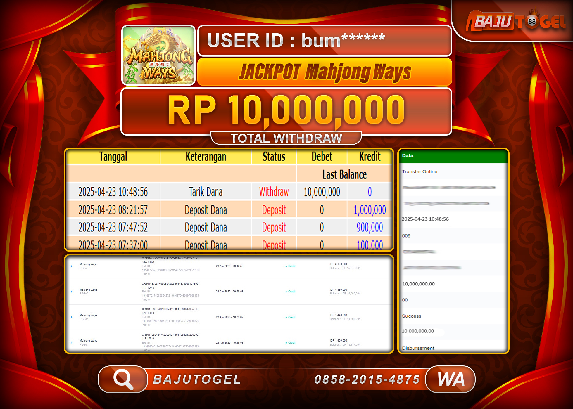 BAJUTOGEL KEMENANGAN MAHJONG WAYS Rp.10.000.000 LUNAS