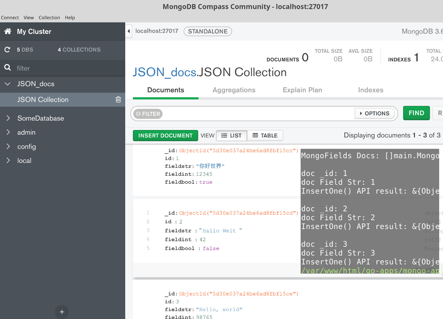 Screenshot of MongoDB compass getting documents inserted from a JSON file in Golang