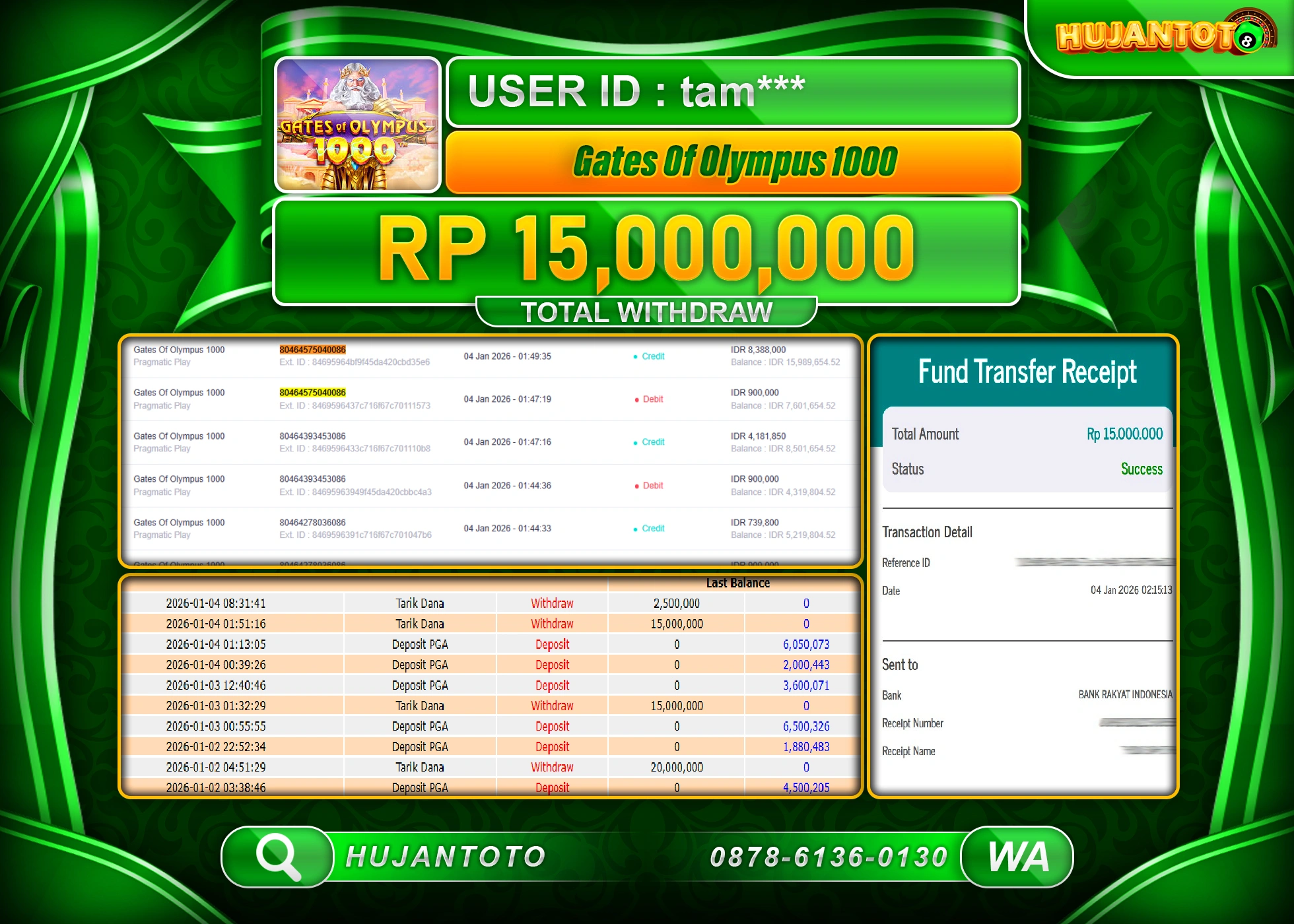 HUJANTOTO - BUKTI JACKPOT MENANG SLOT GATES OF OLYMPUS 1000 Rp.15,000,000 - TERBAYAR LUNAS