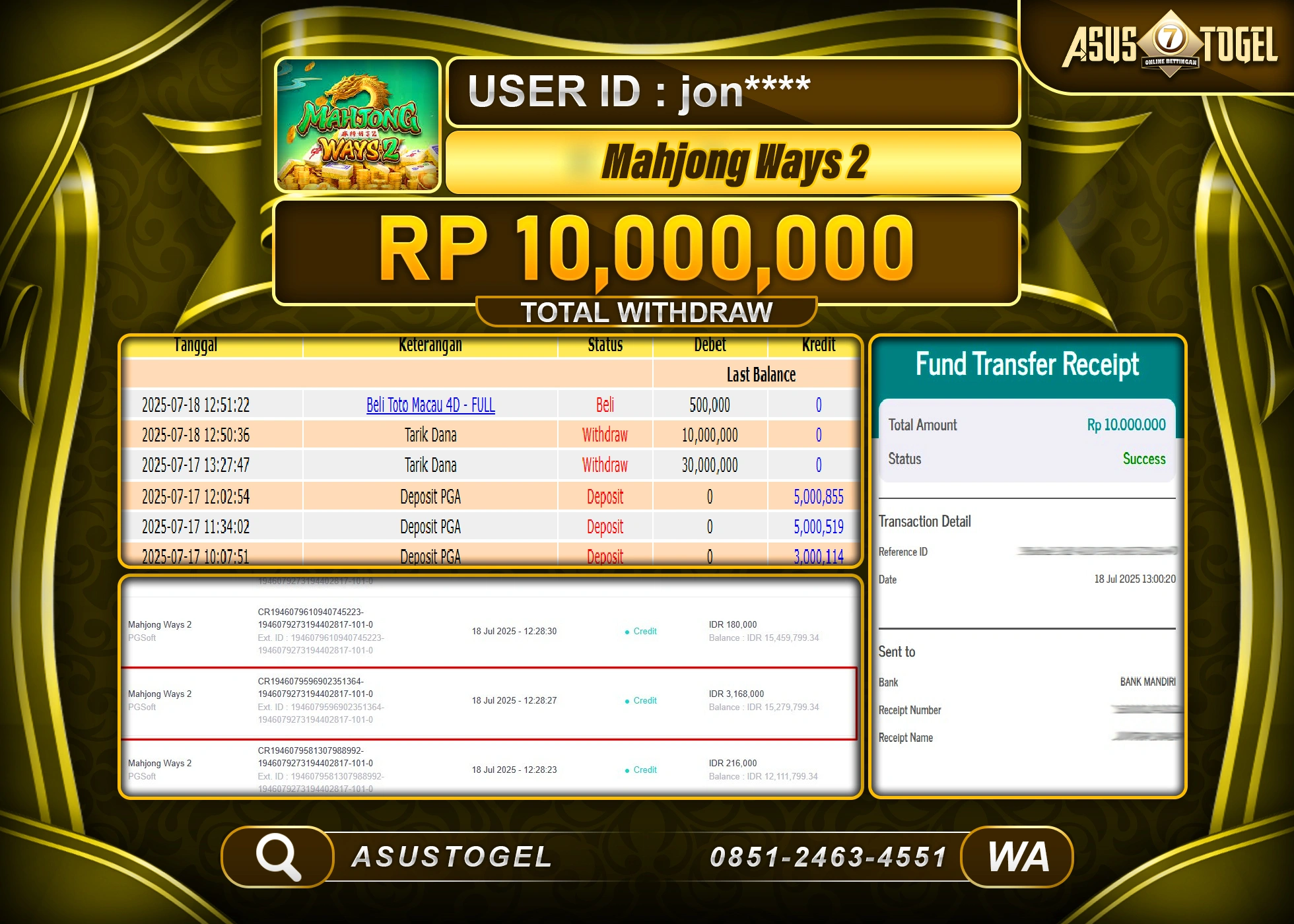 ASUSTOGEL KEMENANGAN DI SLOT MAHJONG WAYS 2 SEBESAR 10,000,000- RUPIAH LUNAS