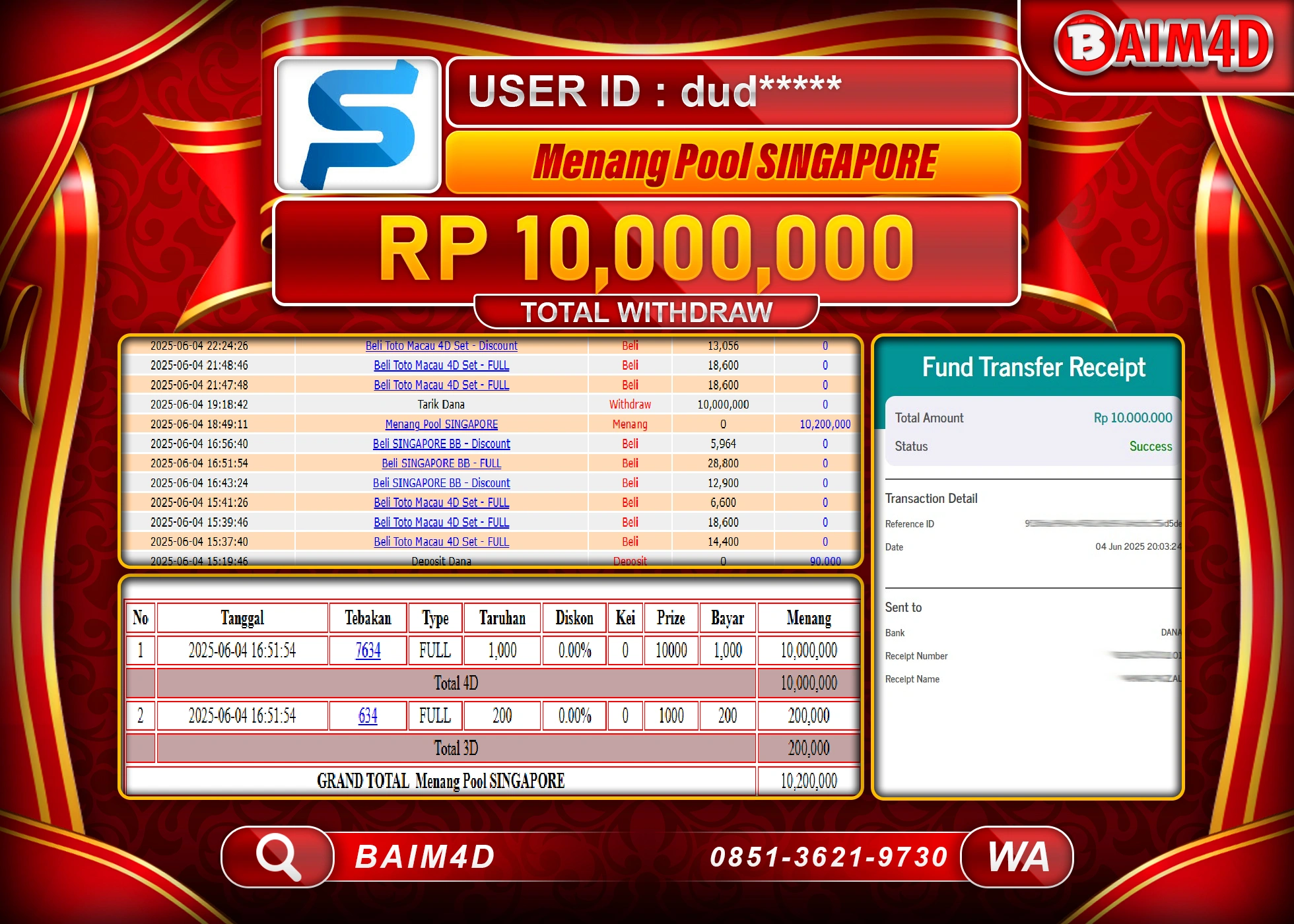 BAIM4D JACKPOT MENANG SINGAPORE POOLS Rp.10.000,000.- LUNAS
