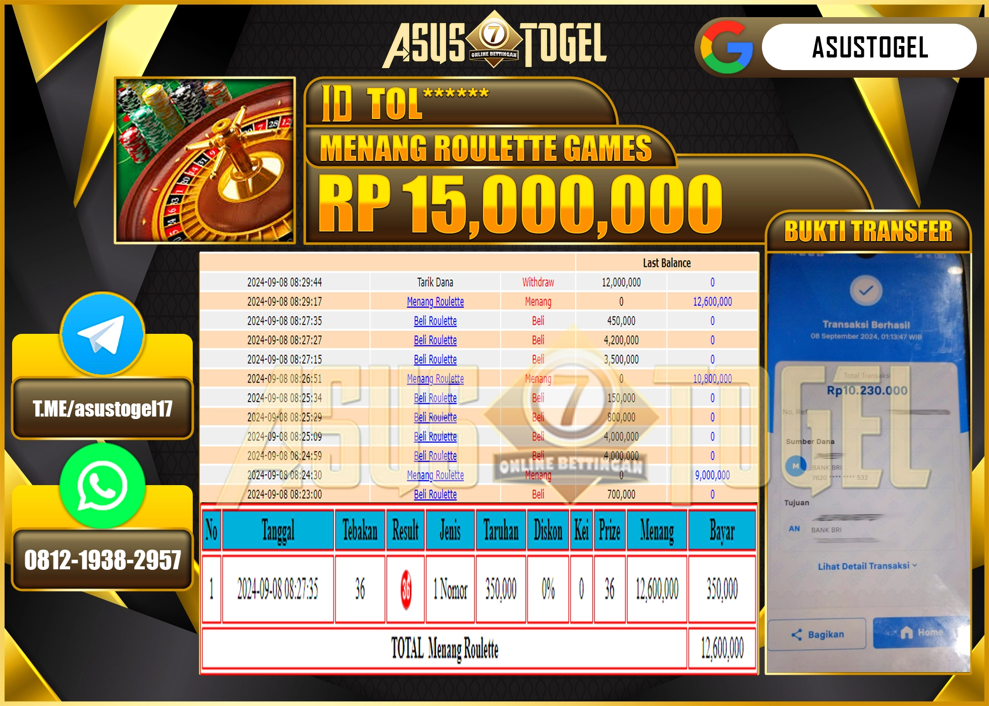 ASUSTOGEL KEMENANGAN DI LIVEGAME ROULETTE GAMES SEBESAR  15,000,000- RUPIAH LUNAS