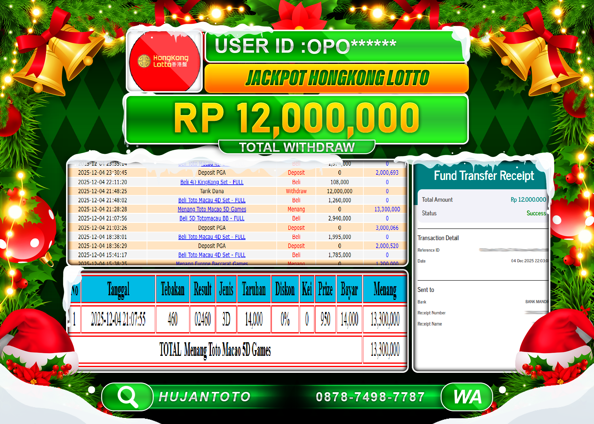 HUJANTOTO - BUKTI JACKPOT MENANG TOGEL HONGKONG LOTTO Rp.12,000,000 - TERBAYAR LUNAS